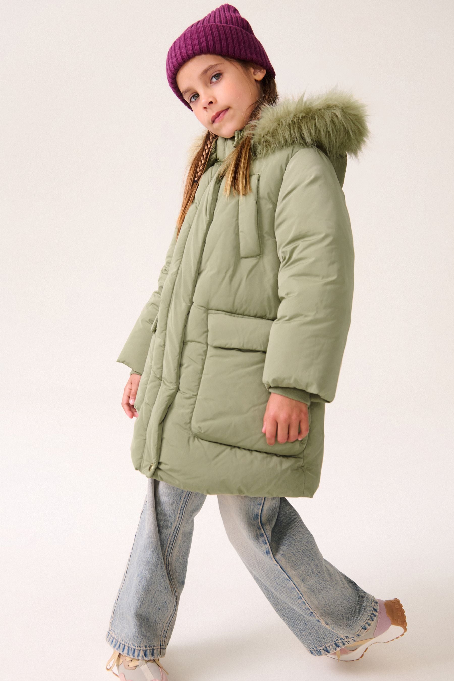 Green padded coat with fur hood on sale