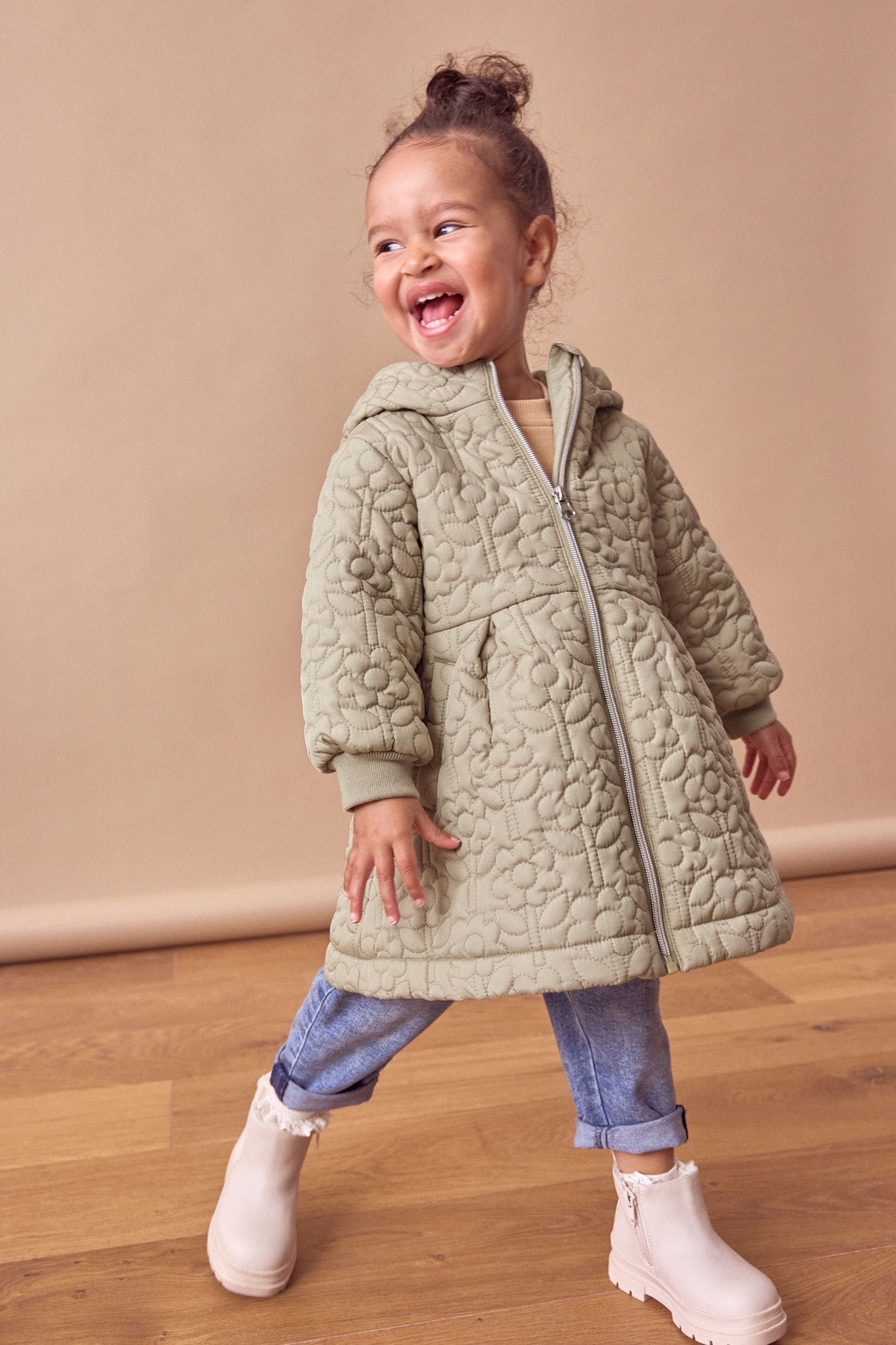 NEXT Sage Green Flower Hooded Shower Resistant Lined Quilted Coat 3mths 7yrs 69months Girls