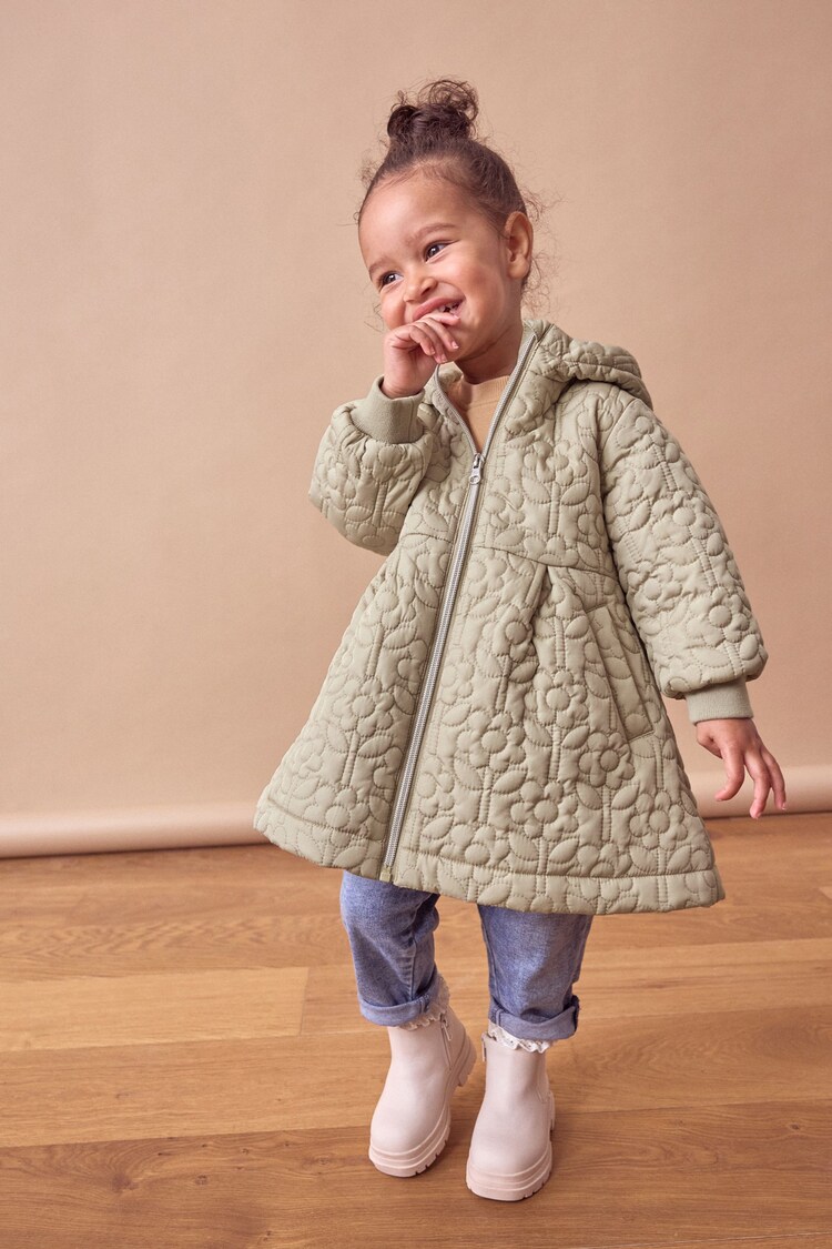 Buy Sage Green Flower Hooded Shower Resistant Fur Lined Quilted Coat