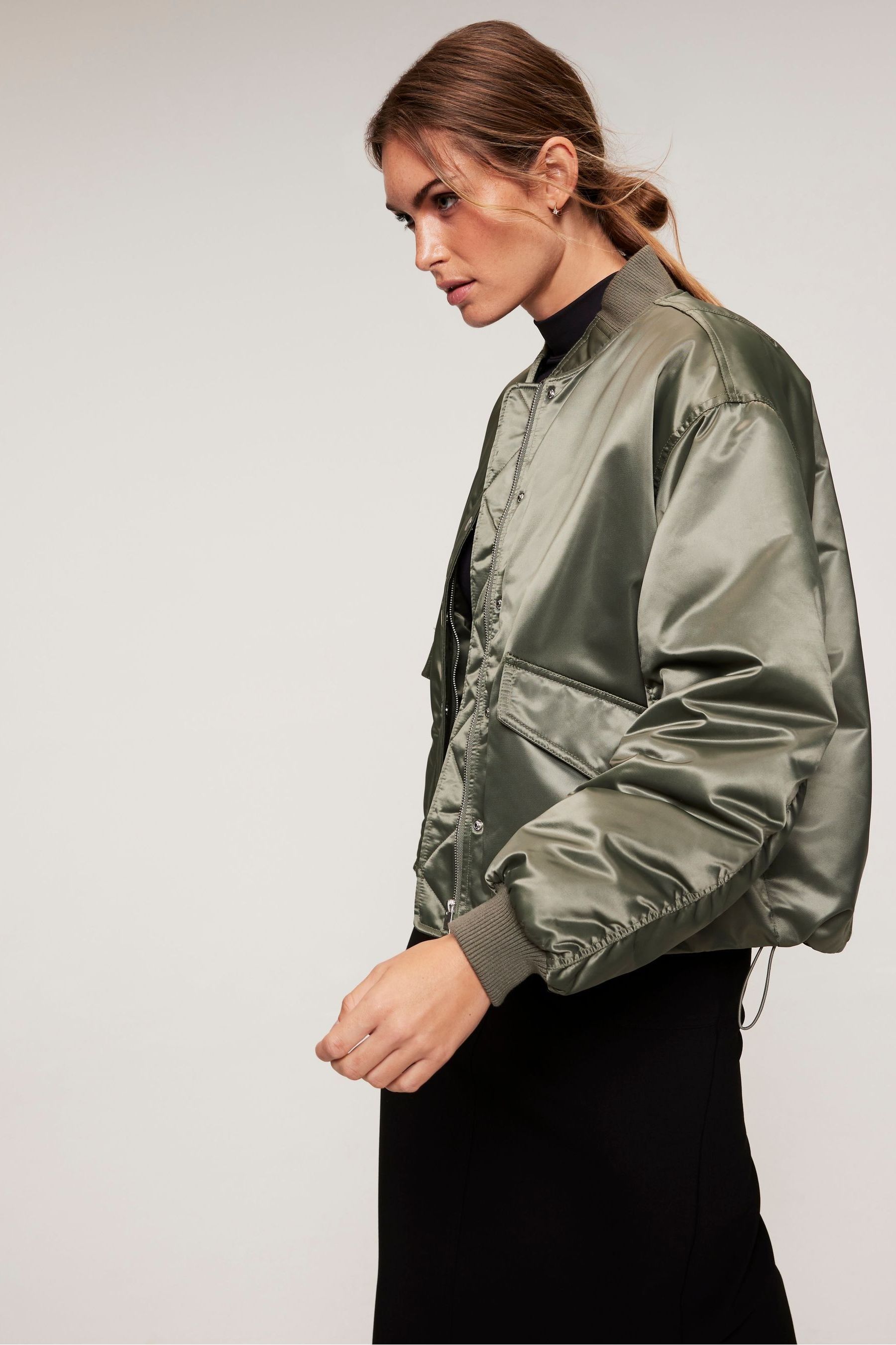 Green silk bomber jacket store