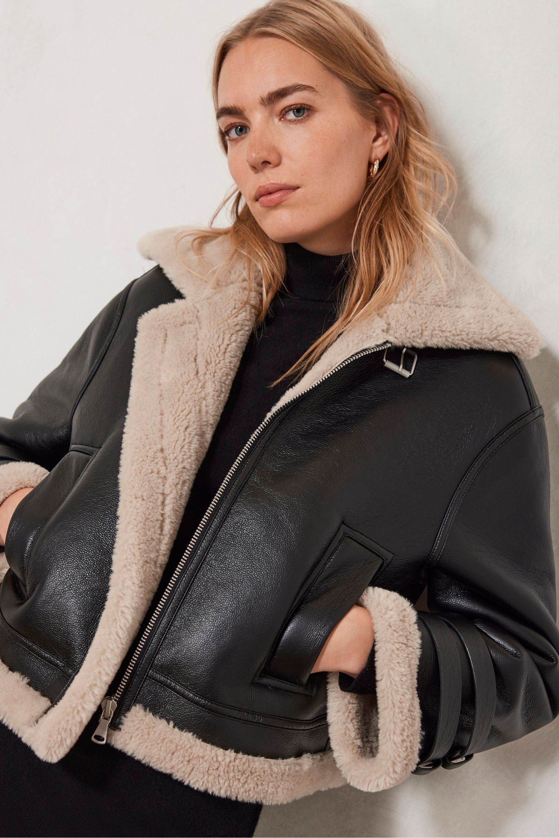 Cropped aviator jacket black sales