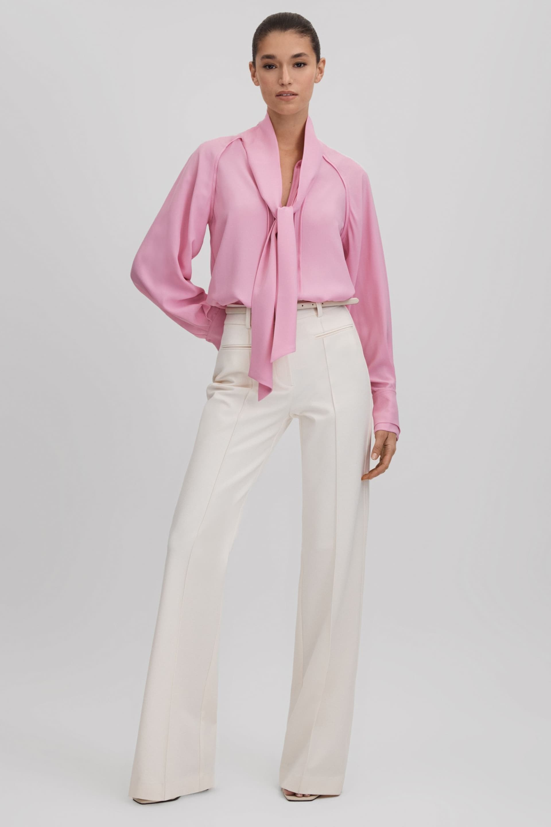 Reiss Pink Ella Tie Neck Zip Front Blouse - Image 1 of 6