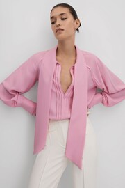 Reiss Pink Ella Tie Neck Zip Front Blouse - Image 3 of 6