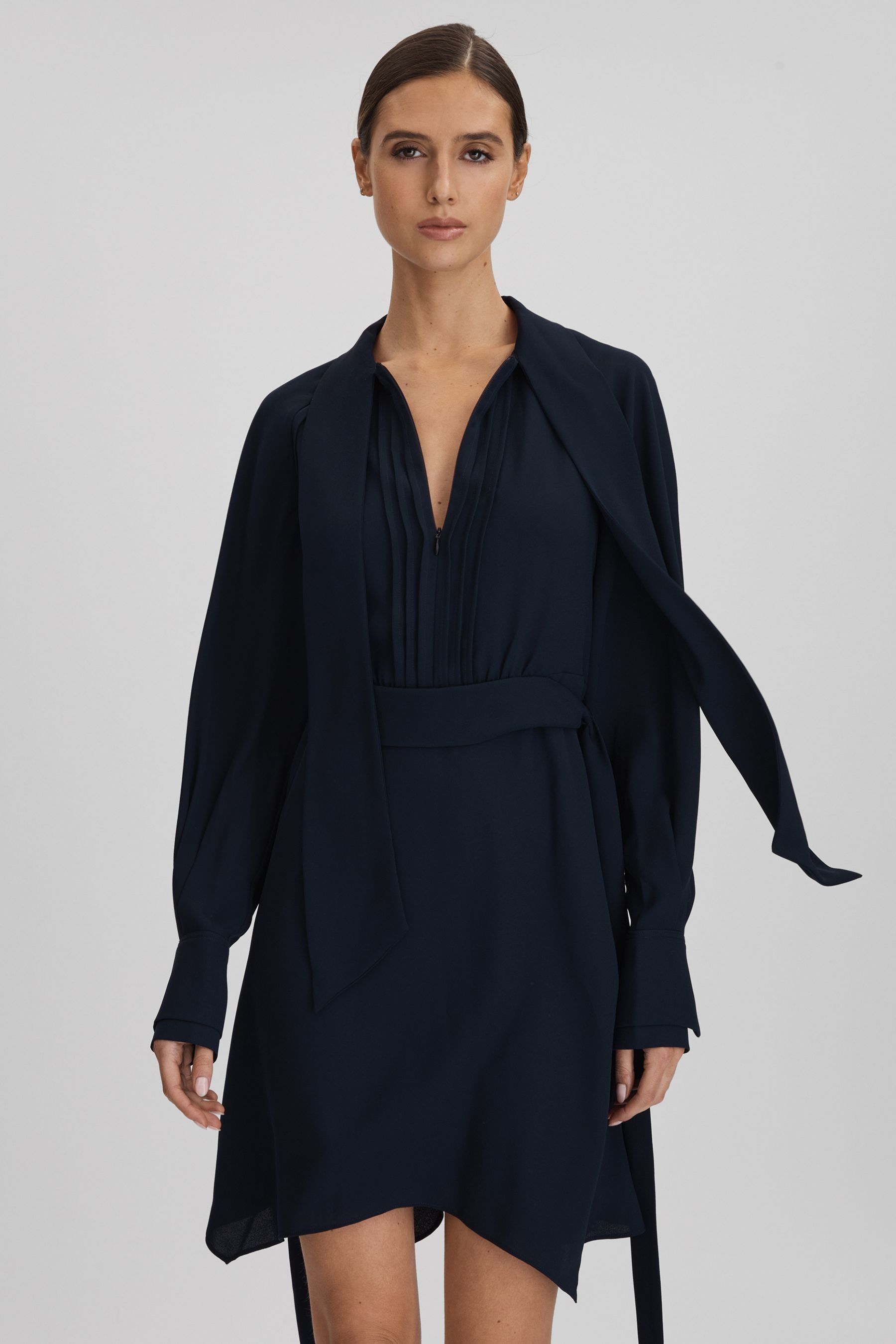 Buy Reiss Navy Ellie Tie Neck Zip Front Mini Dress from the Next UK online shop