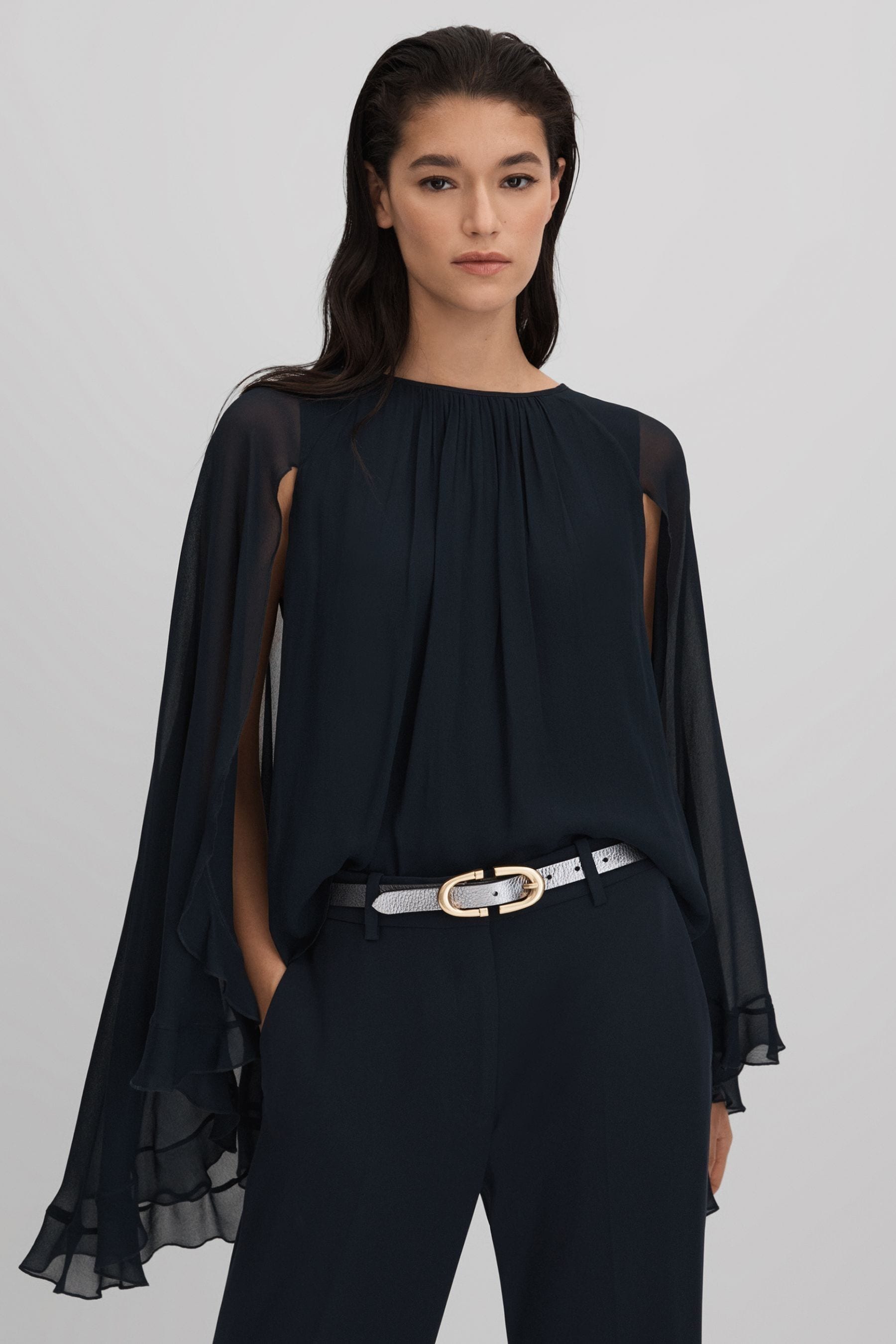 Reiss Navy Francesca Pleated Cape Style Top