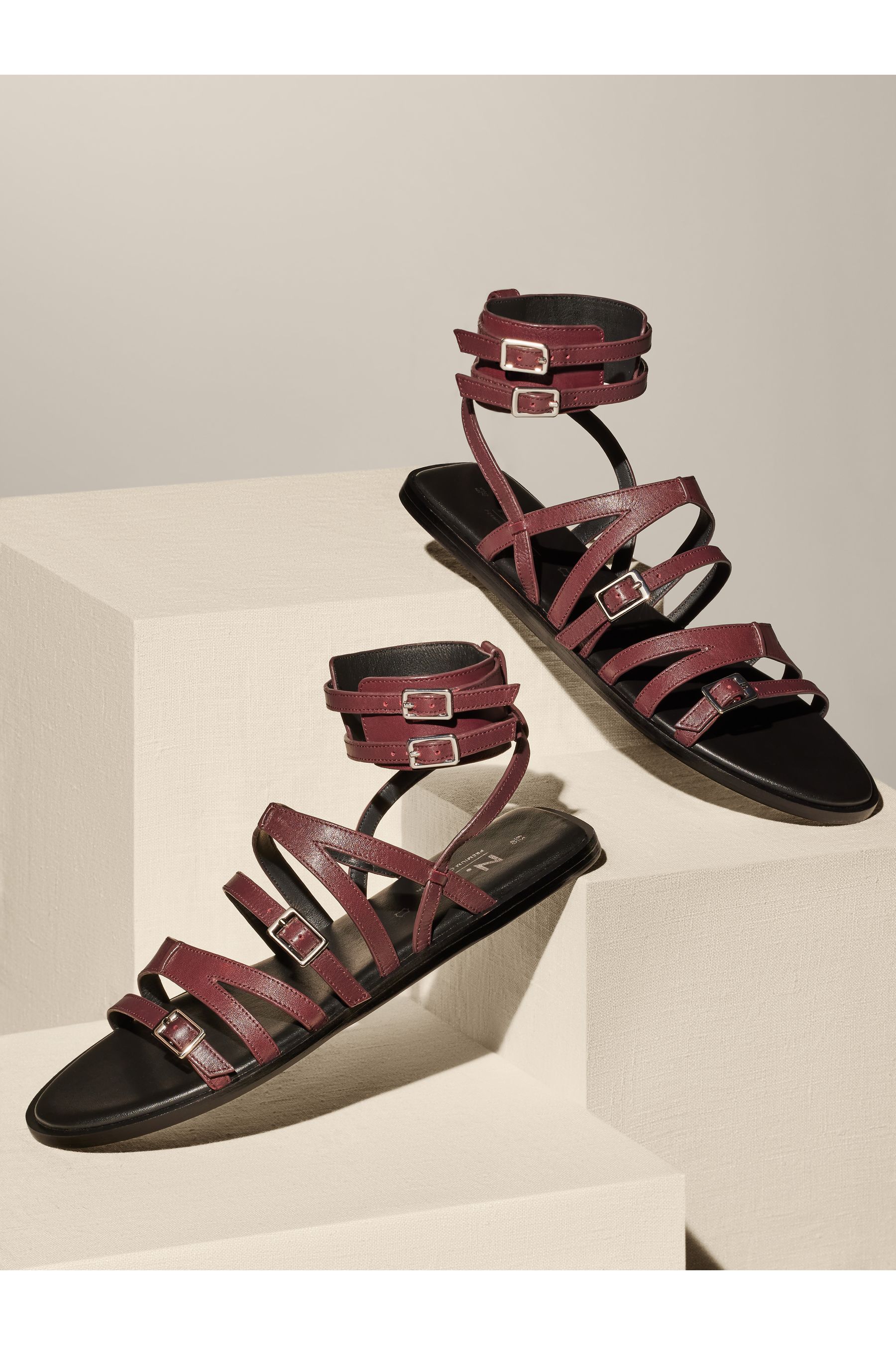Burgundy strappy flat sandals on sale
