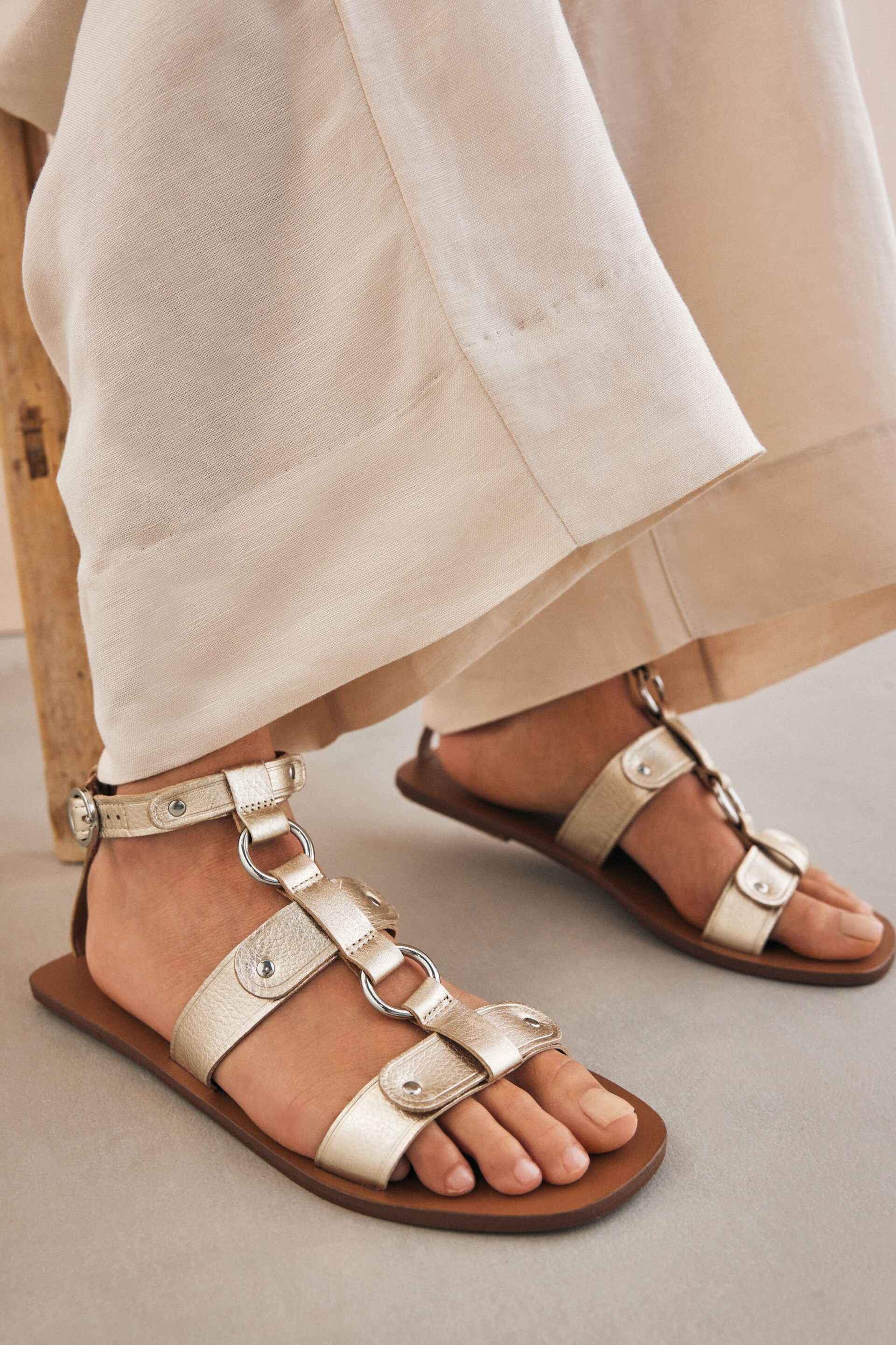 Gold Leather Ring Detail Sandals - Image 3 of 5