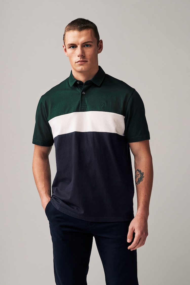 Green/Navy Short Sleeve Button Up Block Polo Shirt - Image 3 of 5