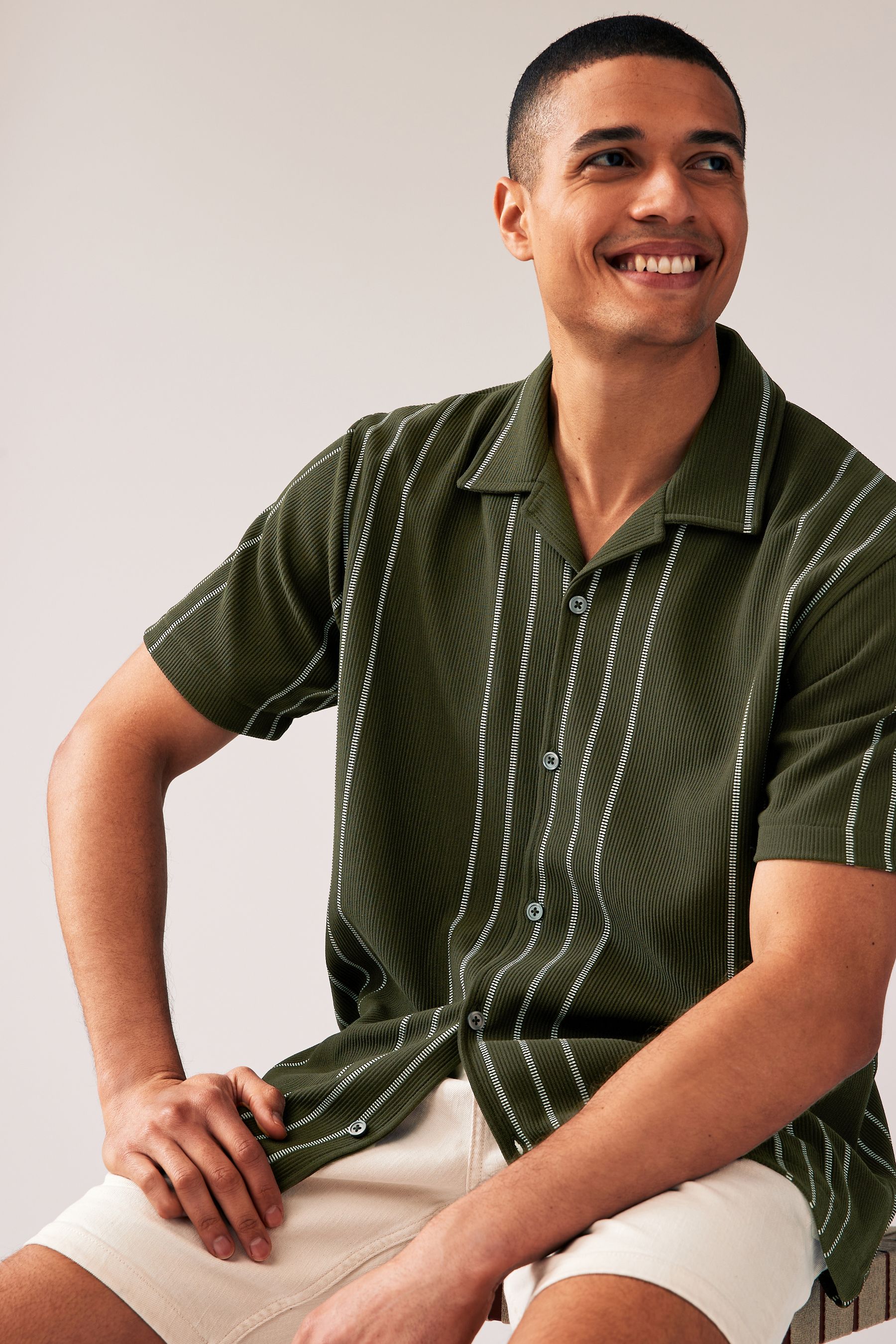 Buy Olive Green Cuban Collar Textured Jersey Short Sleeve 100 Cotton Shirt from Next Luxembourg
