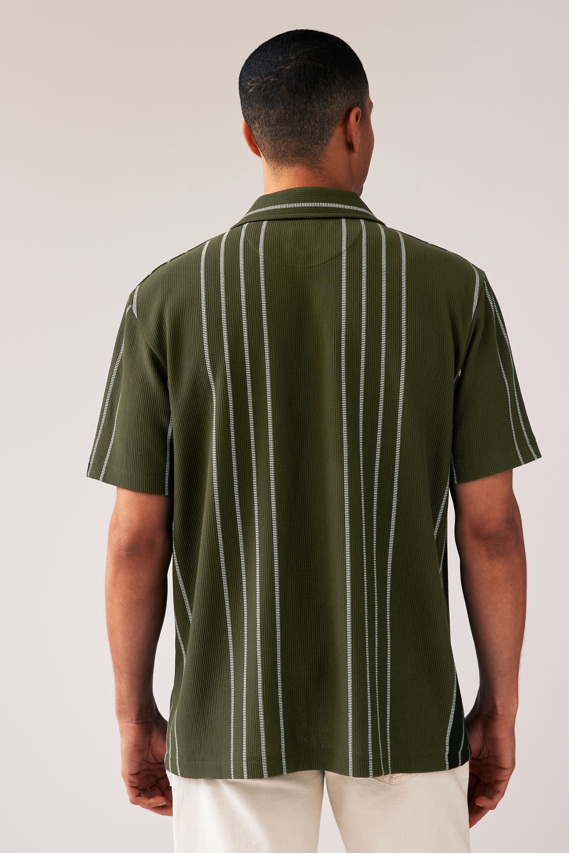 Olive Green Textured Jersey Short Sleeve Shirt - Image 3 of 7