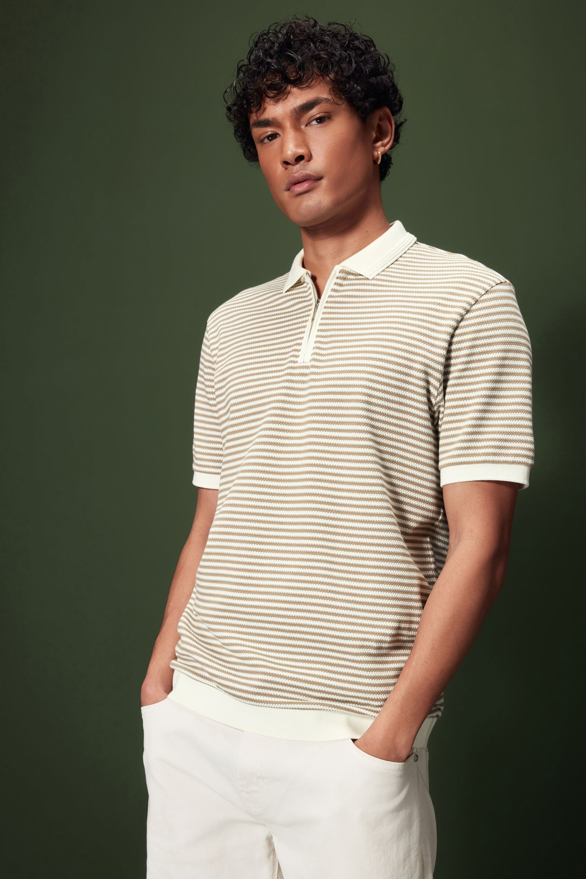 Neutral/White Horizontal Stripe Polo Shirt - Image 1 of 8
