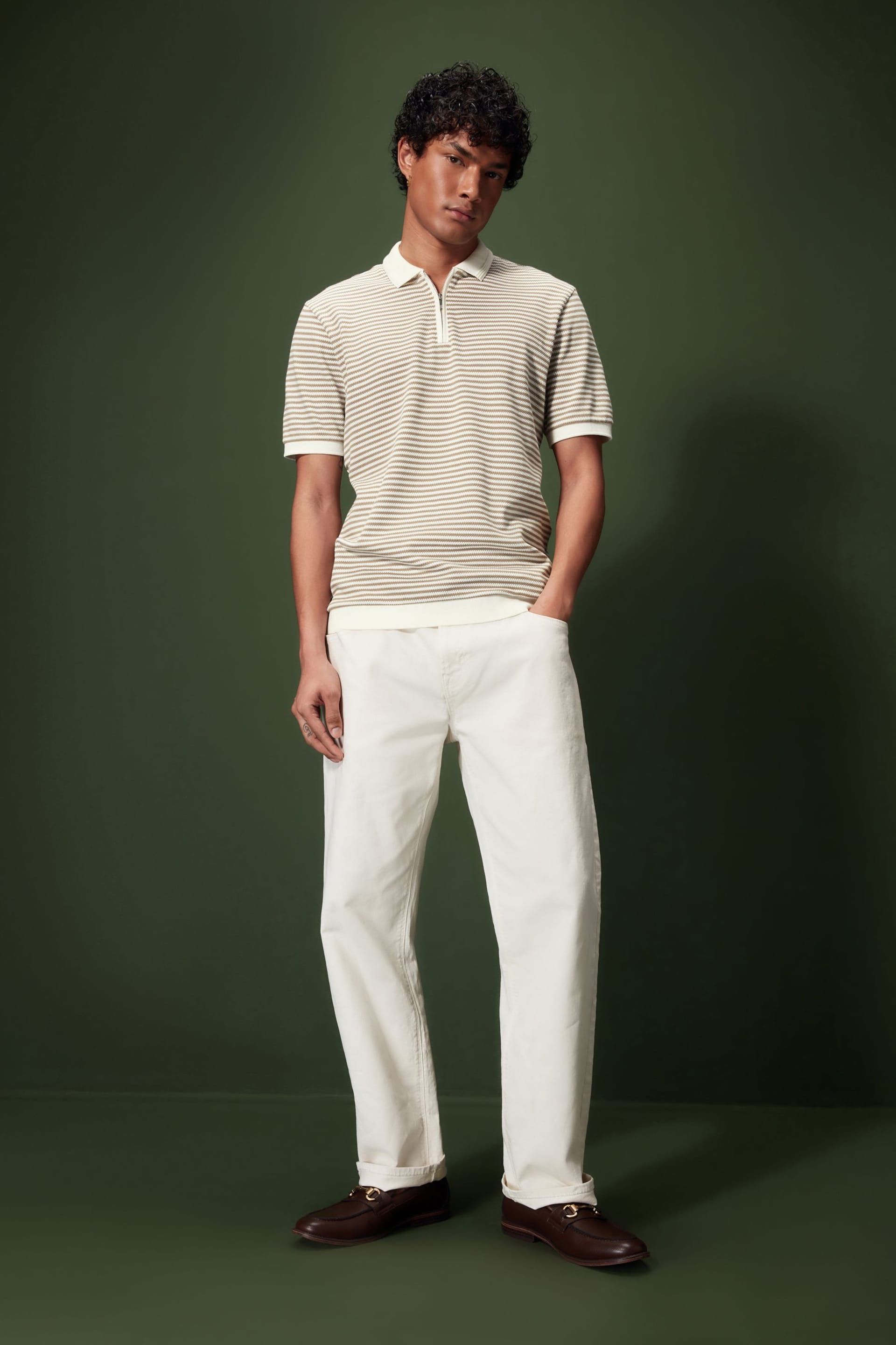 Neutral/White Horizontal Stripe Polo Shirt - Image 2 of 8