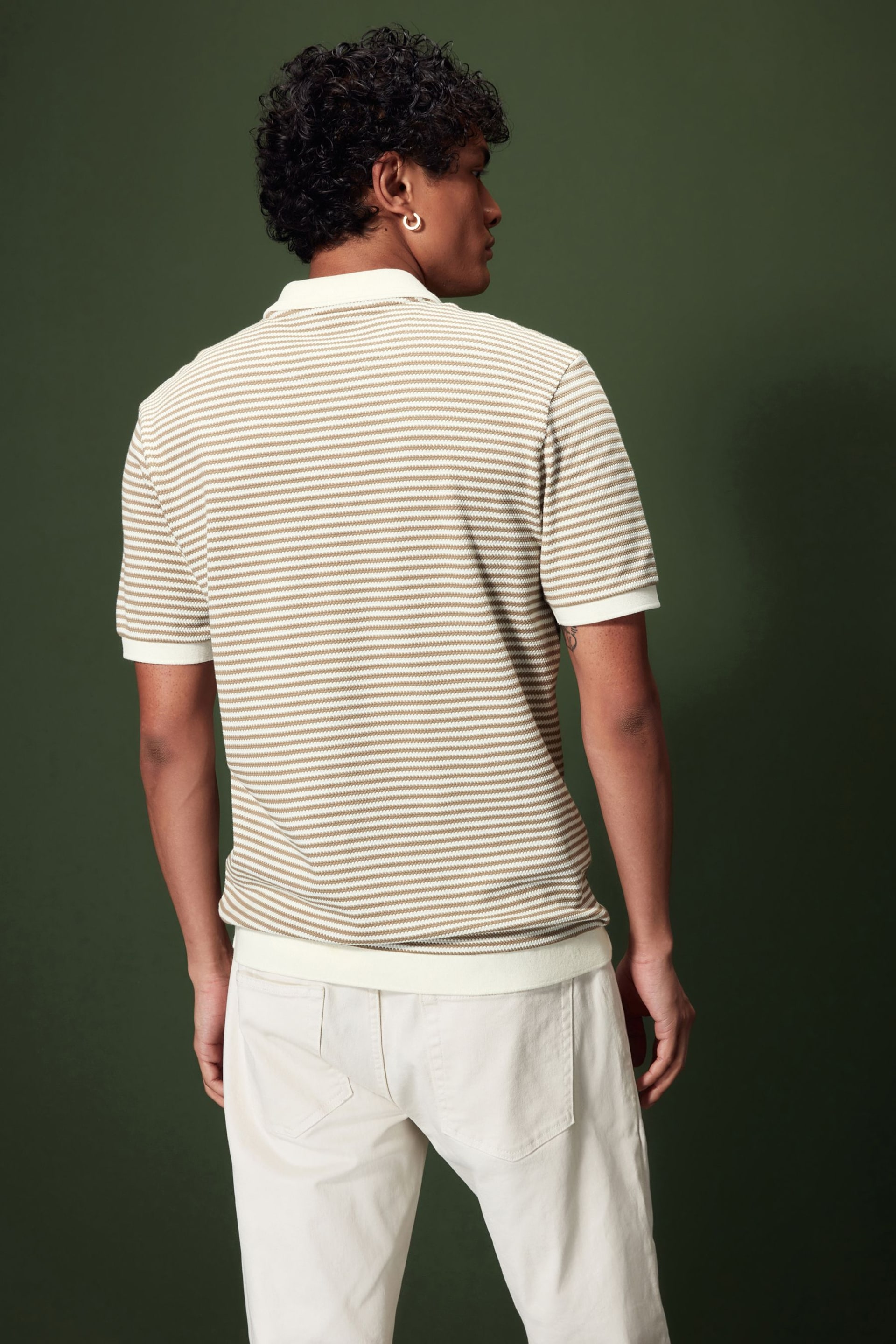 Neutral/White Horizontal Stripe Polo Shirt - Image 3 of 8