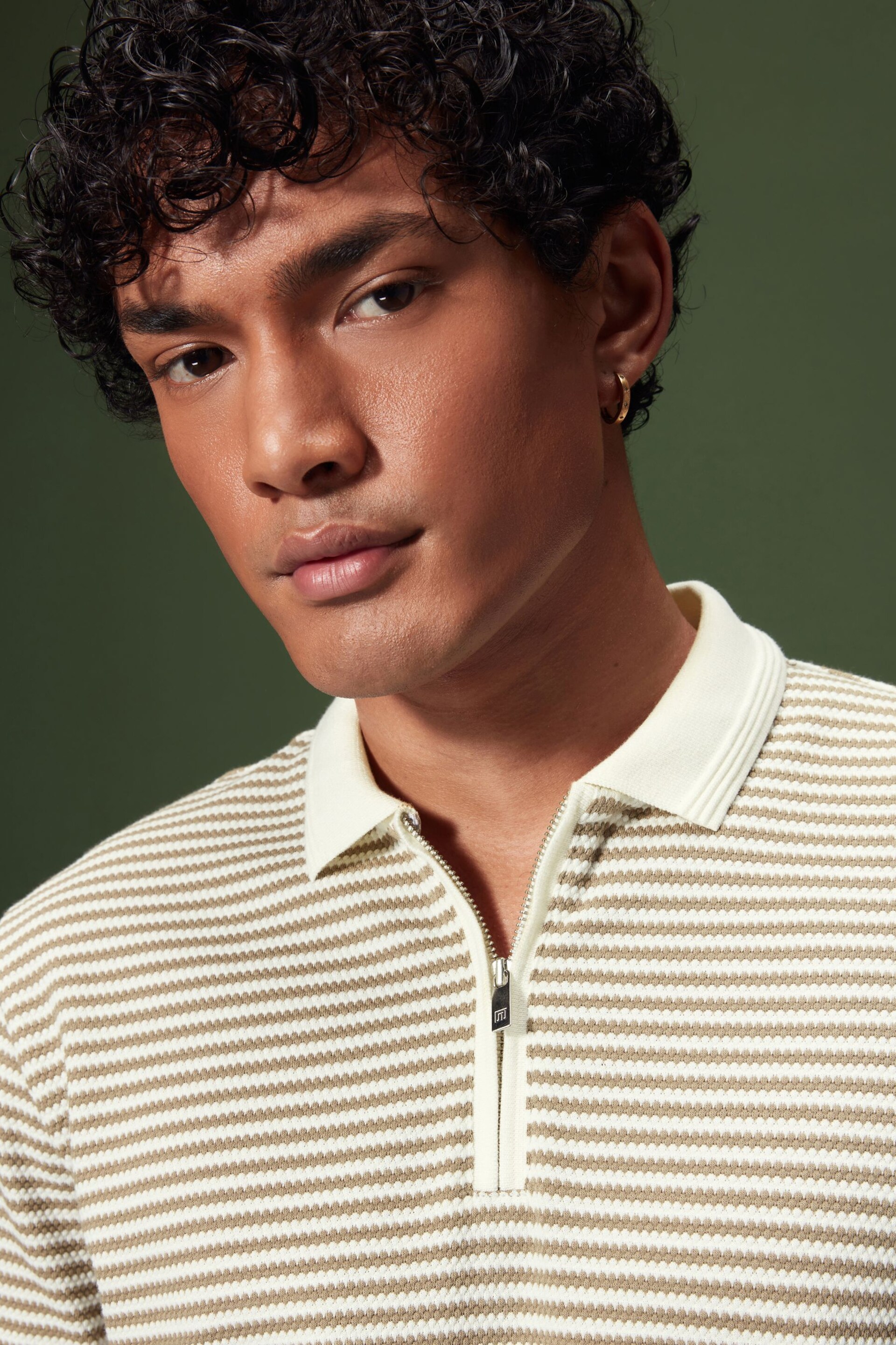 Neutral/White Horizontal Stripe Polo Shirt - Image 4 of 8