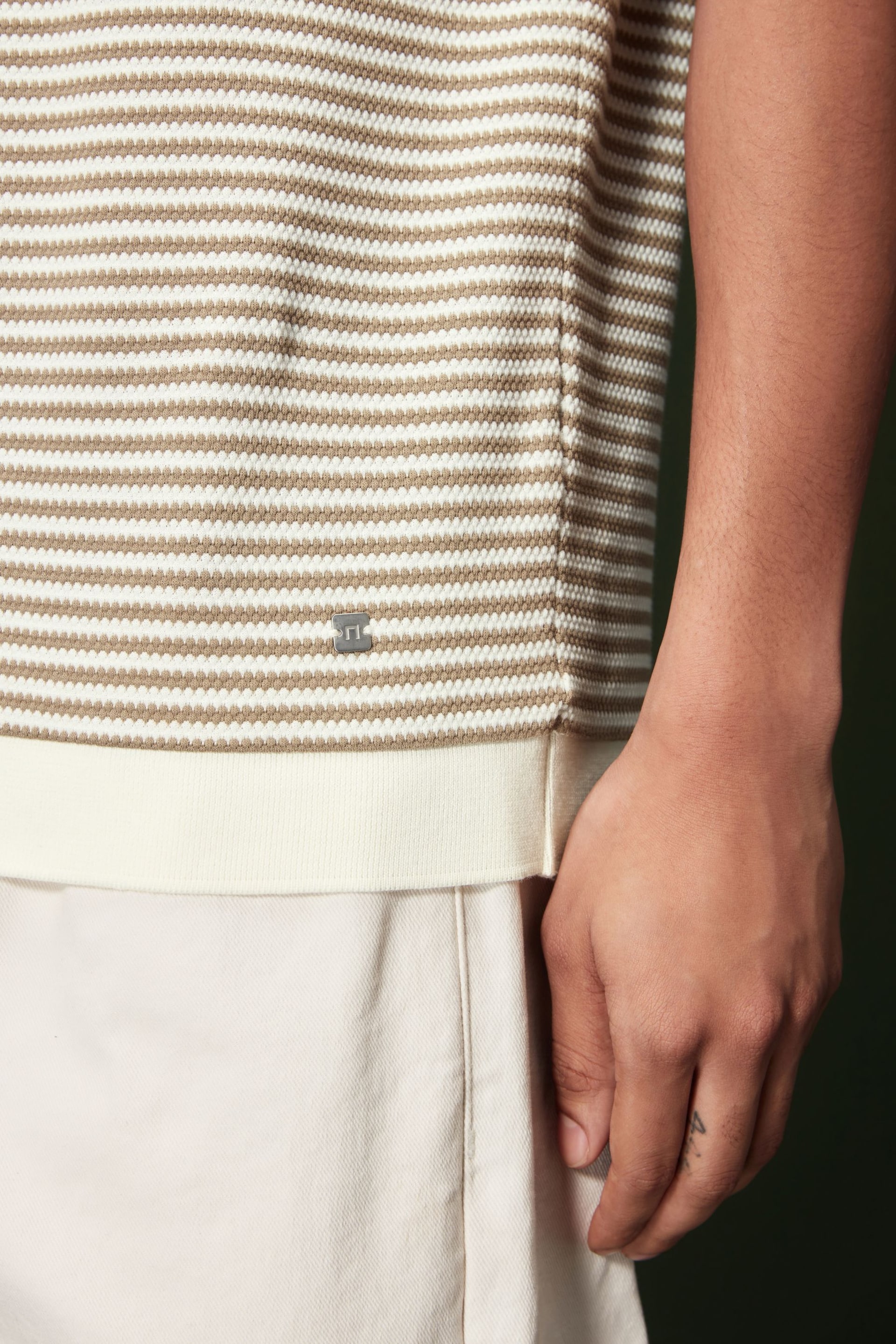 Neutral/White Horizontal Stripe Polo Shirt - Image 5 of 8
