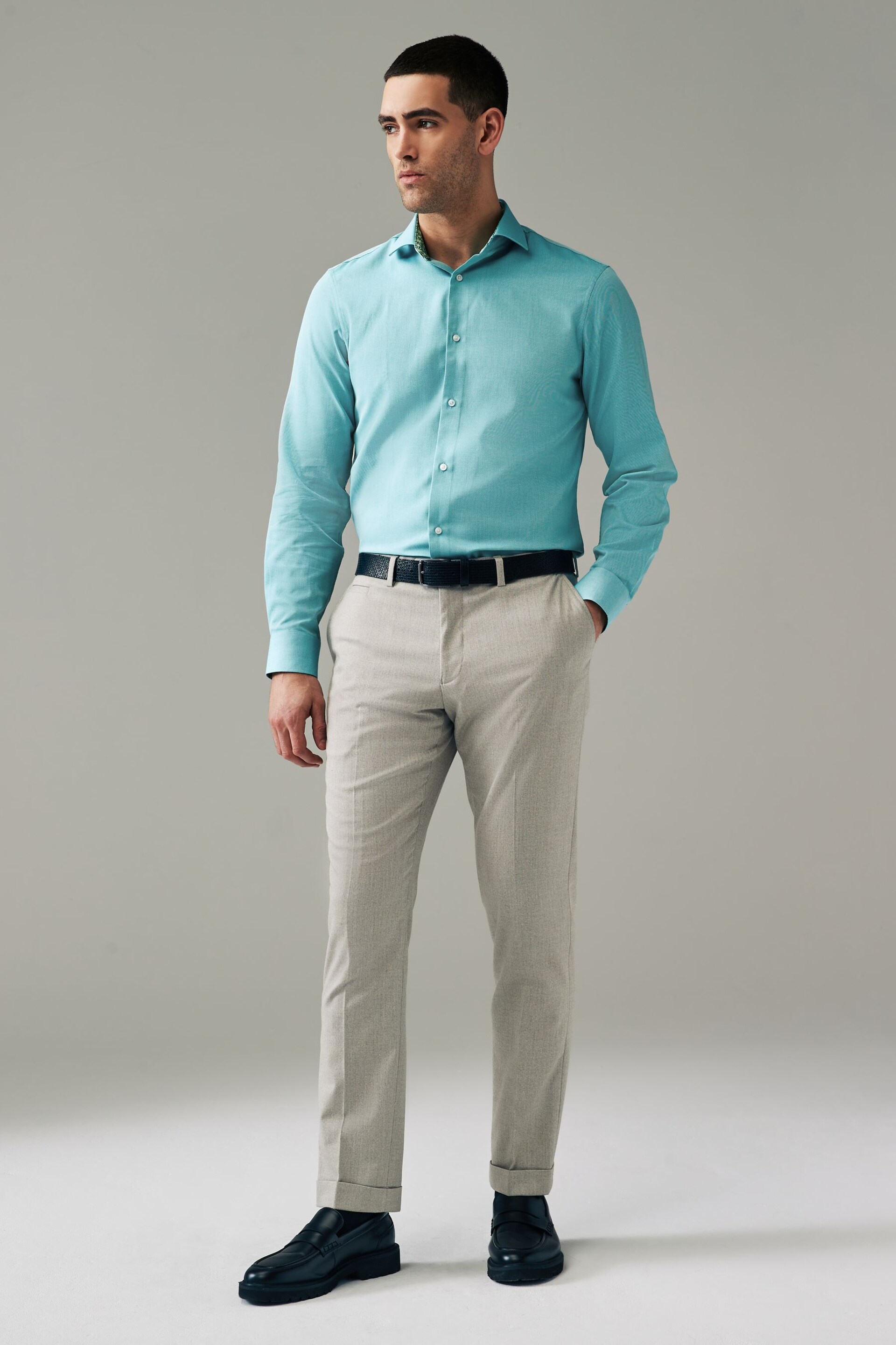 Aqua Blue Regular Fit Trimmed Easy Care Single Cuff Shirt - Image 2 of 9