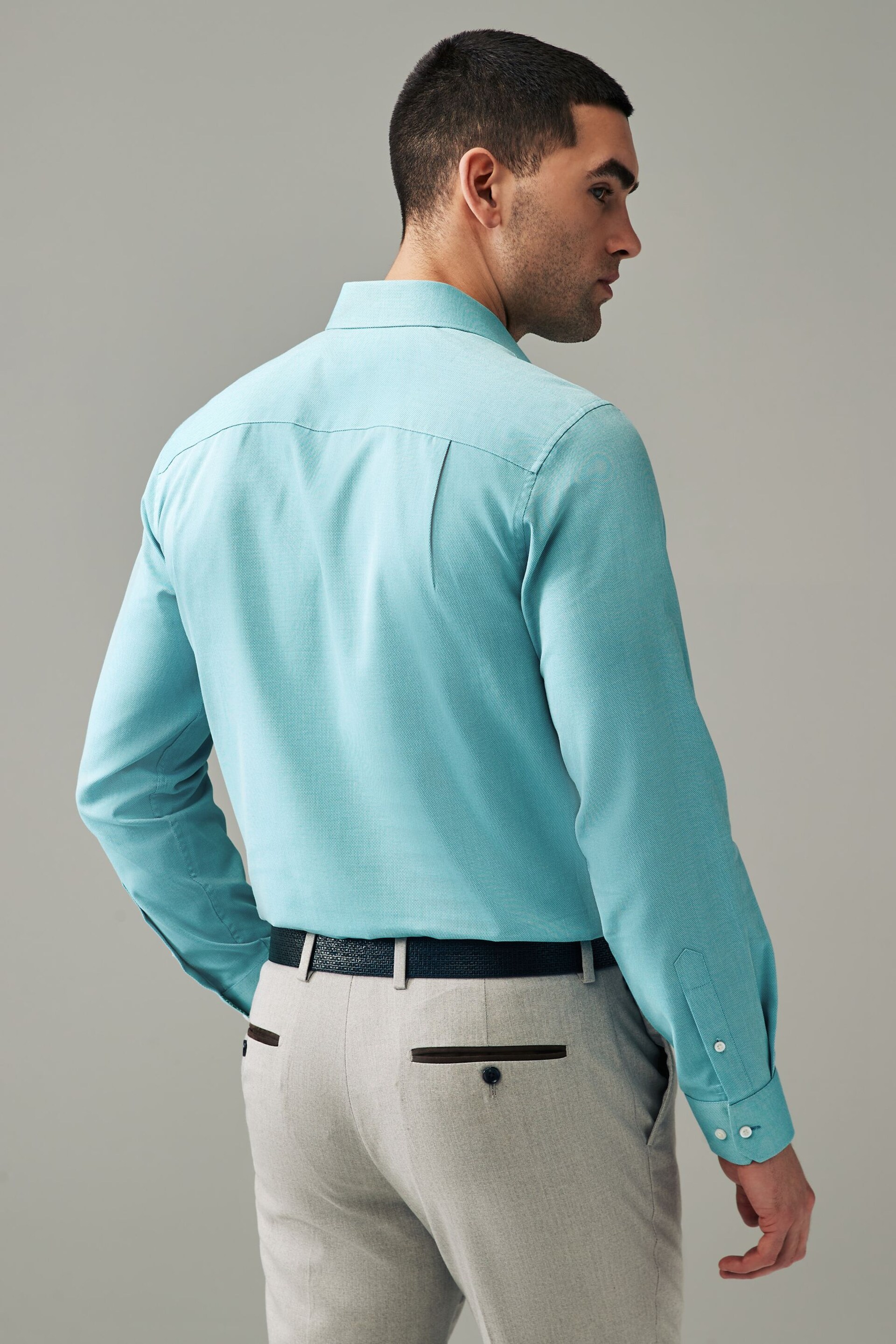 Aqua Blue Regular Fit Trimmed Easy Care Single Cuff Shirt - Image 3 of 9