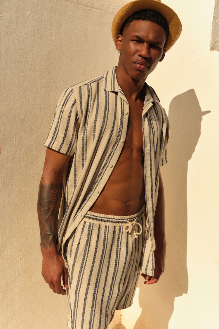 Cream/Blue Striped Textured Dock Shorts - Image 1 of 8