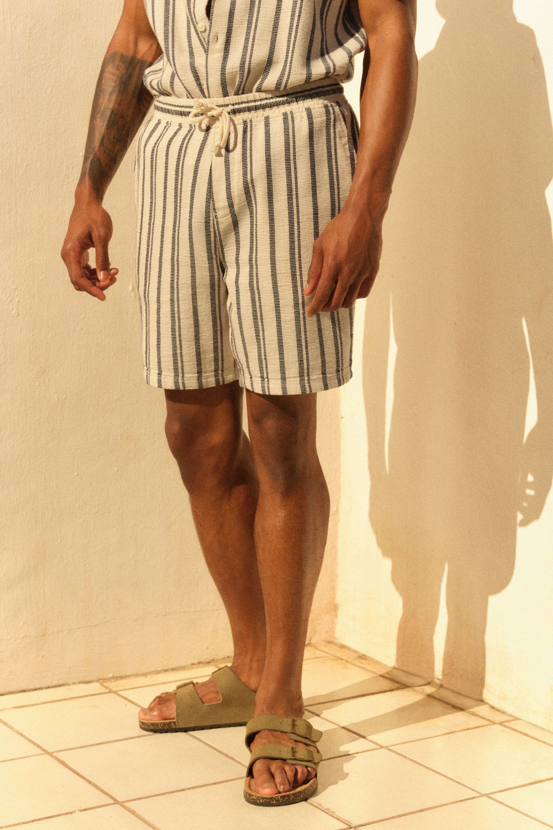 Cream/Blue Striped Textured Dock Shorts - Image 2 of 8