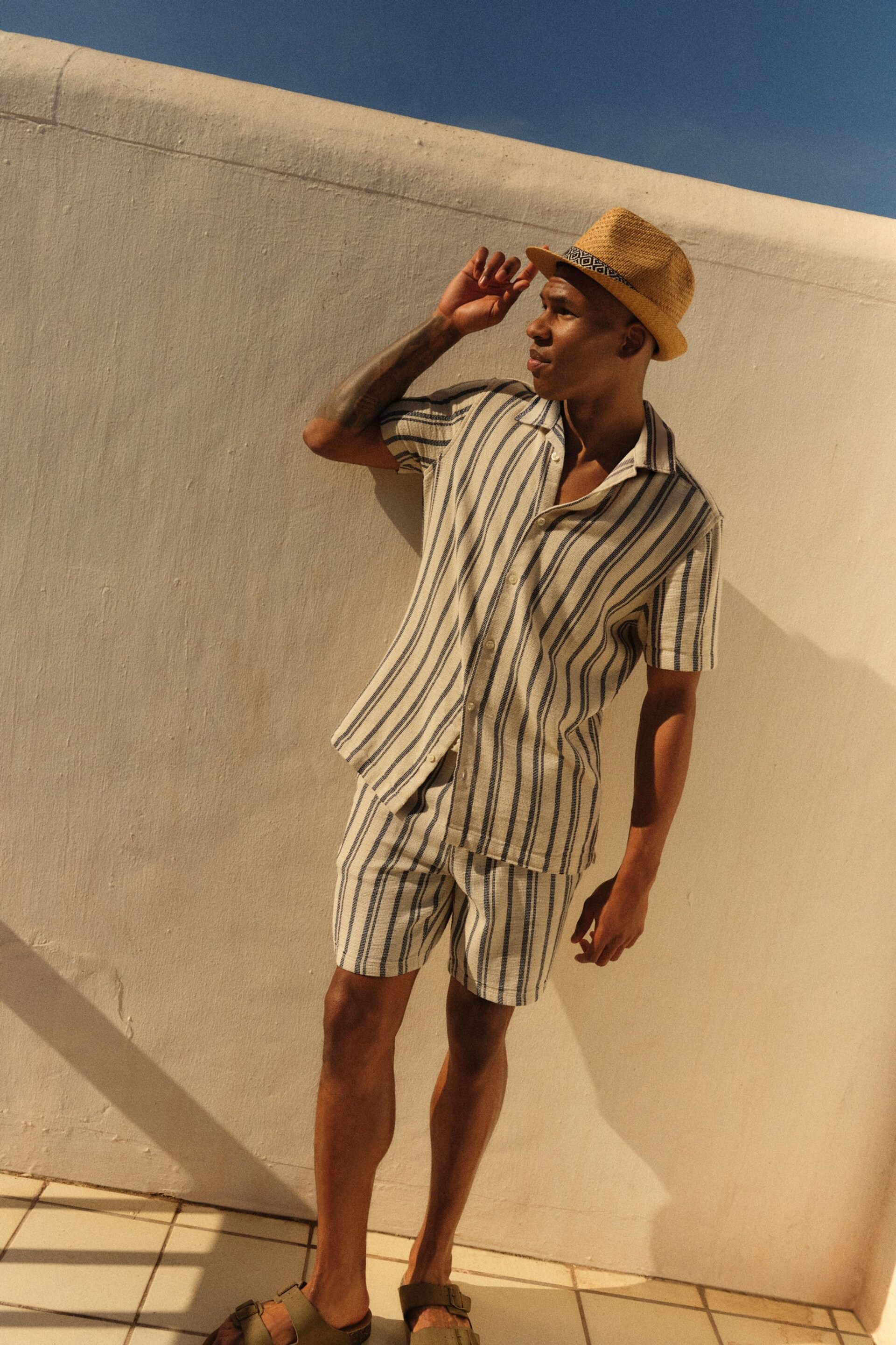 Cream/Blue Striped Textured Dock Shorts - Image 3 of 8