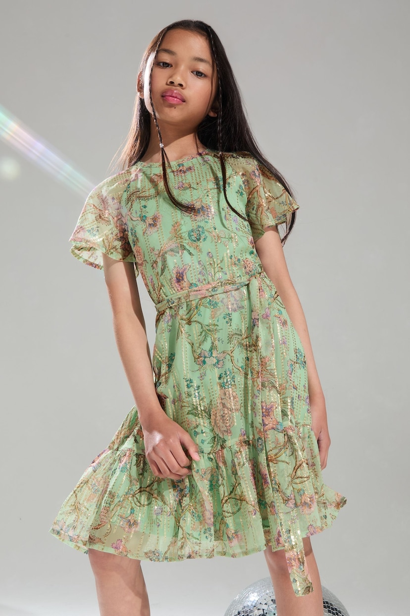 Lipsy Green Floral Sparkle Shift Occasion Dress (From 2-16yrs) - Image 1 of 4