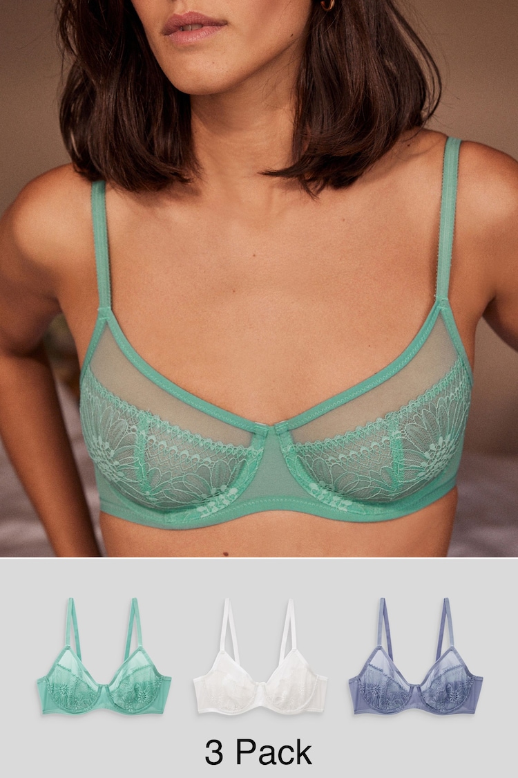 Blue/Green/White Non Pad Full Cup Lace Bras 3 Pack - Image 1 of 14