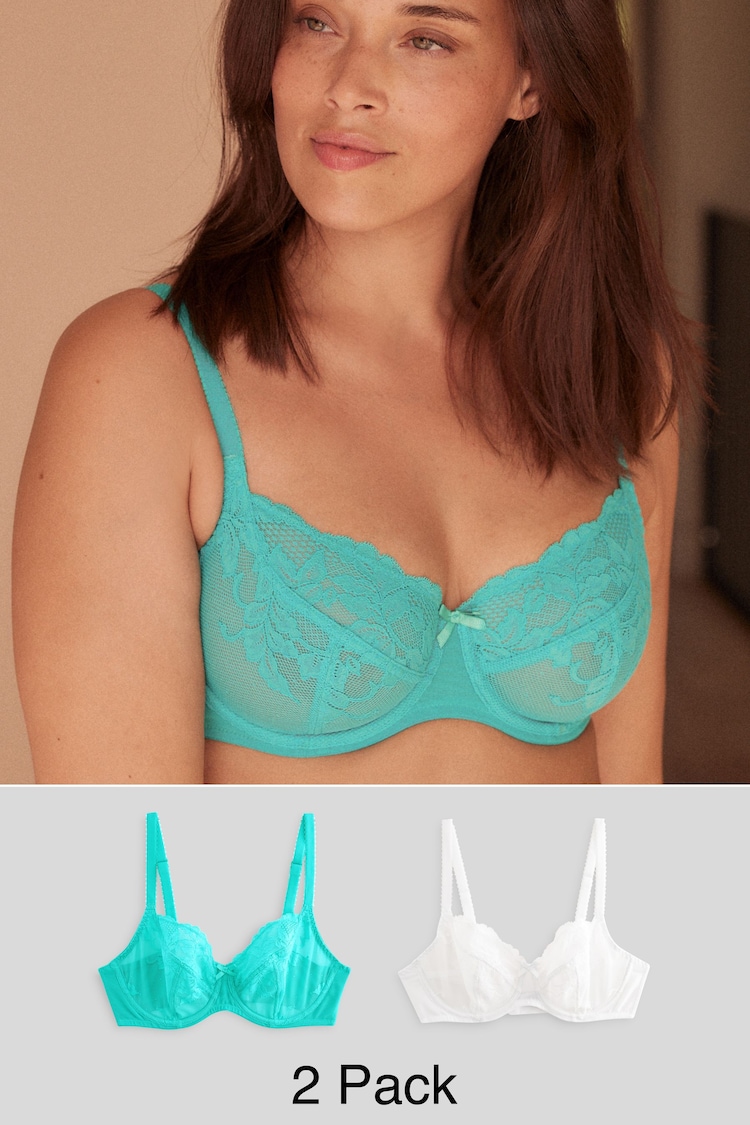 Teal Blue/White Non Pad Balcony DD+ Lace Bras 2 Pack - Image 1 of 10