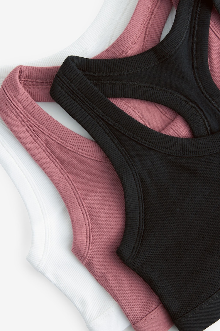 Black/Rose Pink/White Ribbed Cotton Crop Tops 3 Pack - Image 11 of 11