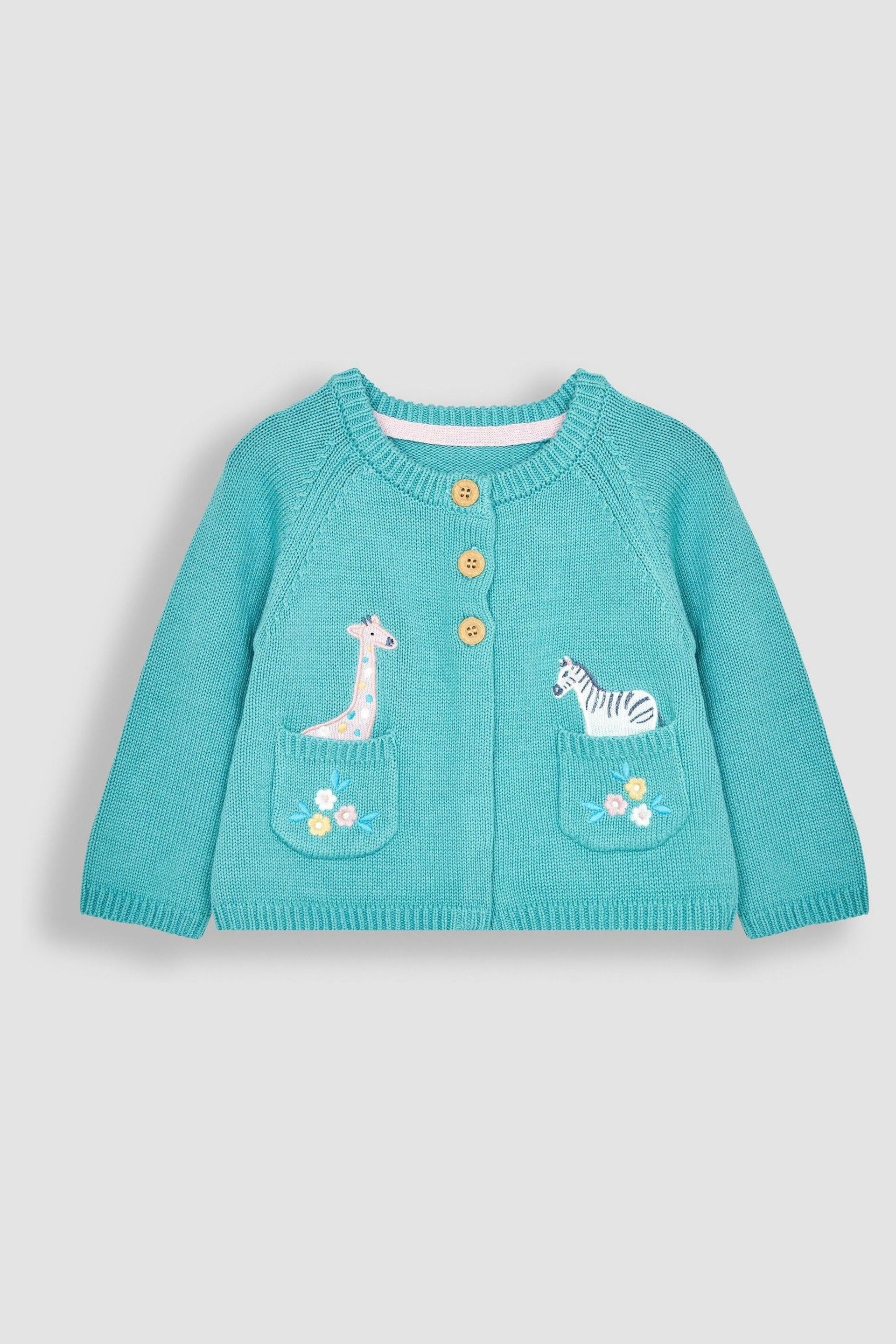 JoJo Maman Bébé Duck Egg Blue Safari Animals Appliqué Cardigan - Image 1 of 3