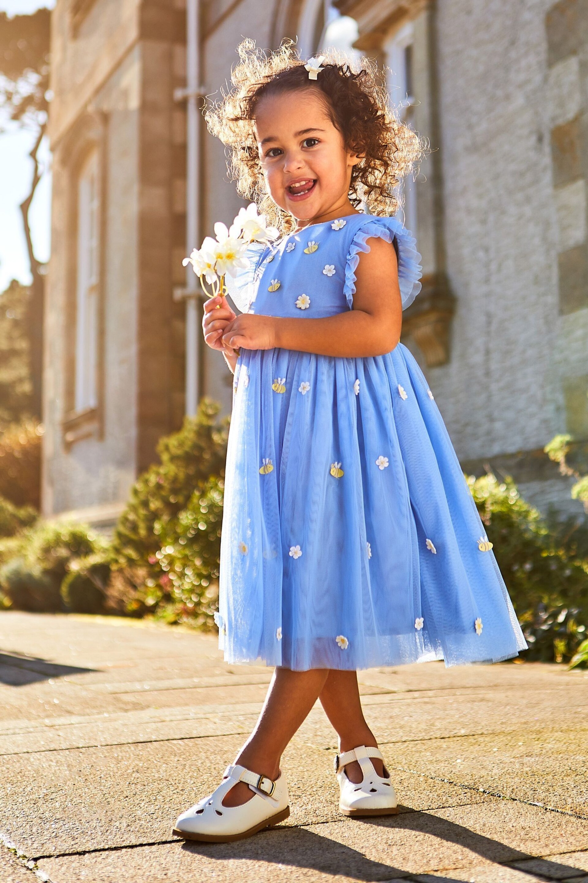 JoJo Maman Bébé Cornflower Daisy & Bee Embroidered Tulle Party Dress - Image 1 of 7