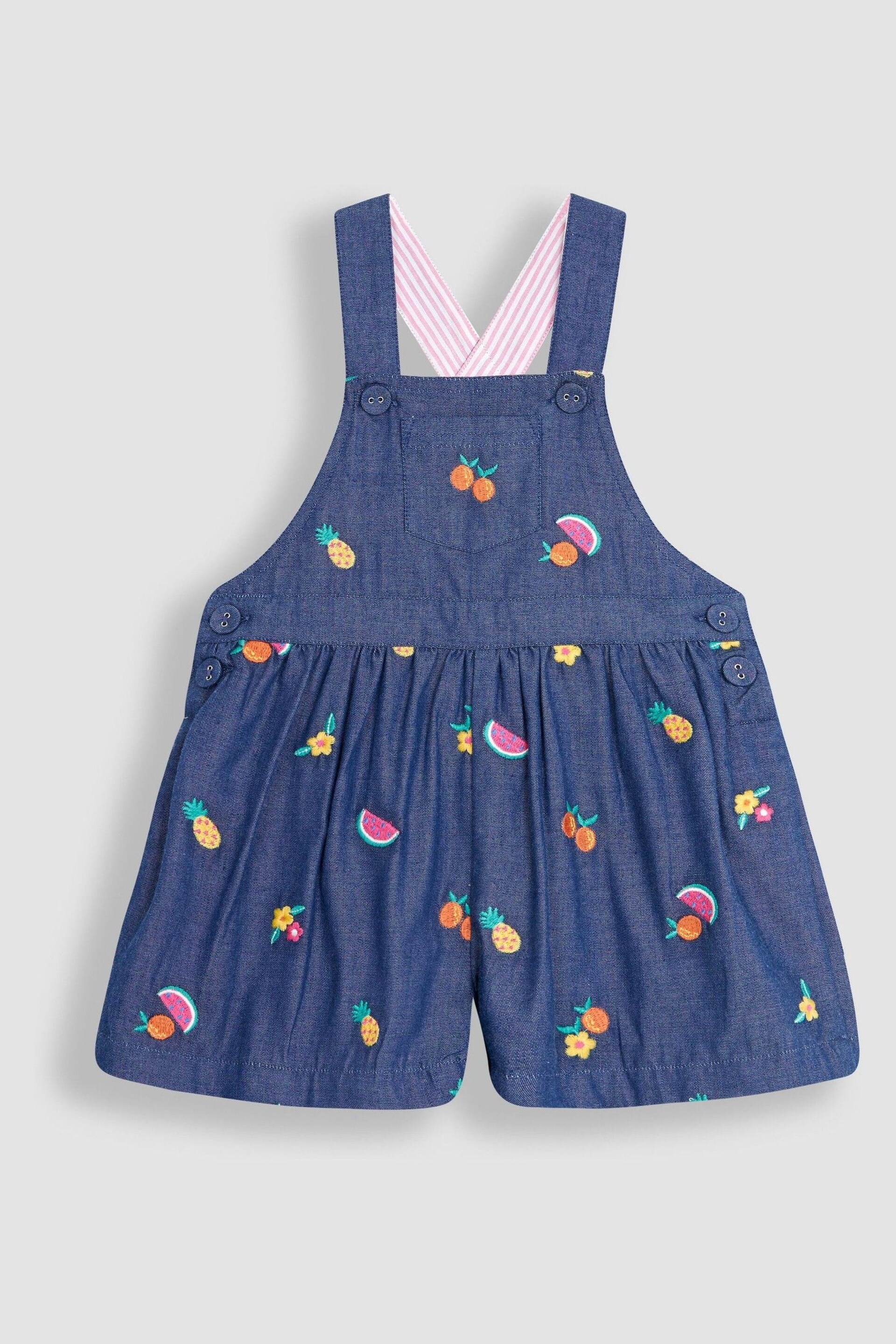 JoJo Maman Bébé Chambray Summer Fruits Embroidered Culotte Dungarees - Image 1 of 3