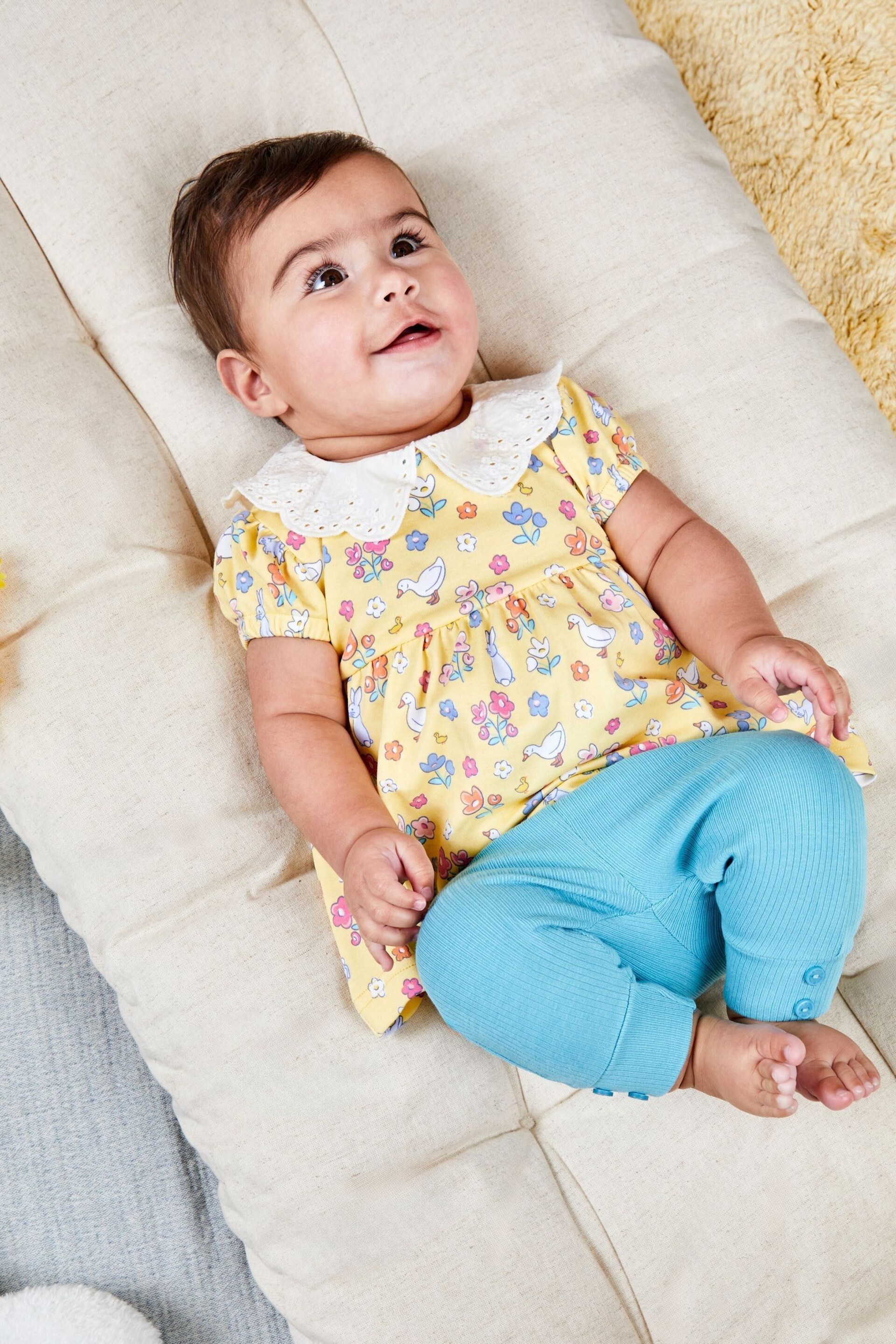 JoJo Maman Bébé Yellow Duck 2-Piece Floral Collar Tunic & Rib Leggings Set - Image 1 of 6