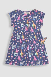 JoJo Maman Bébé Blue Safari Animals Button Front Pet In Pocket Jersey Dress - Image 1 of 3