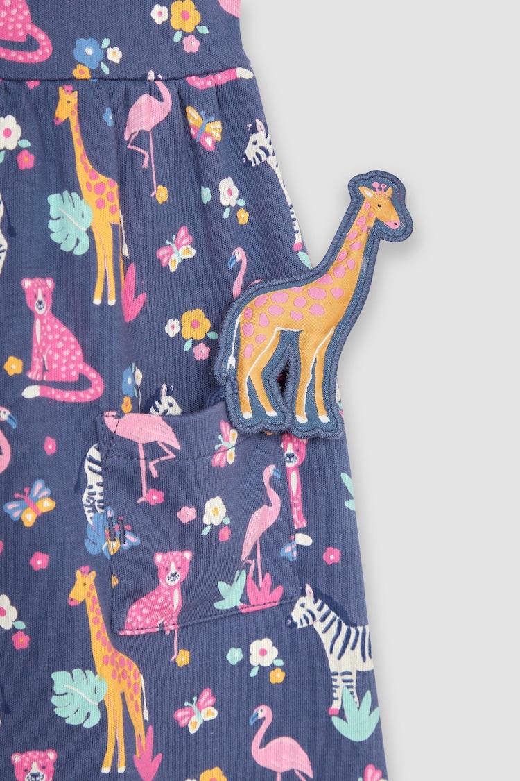 JoJo Maman Bébé Blue Safari Animals Button Front Pet In Pocket Jersey Dress - Image 3 of 3