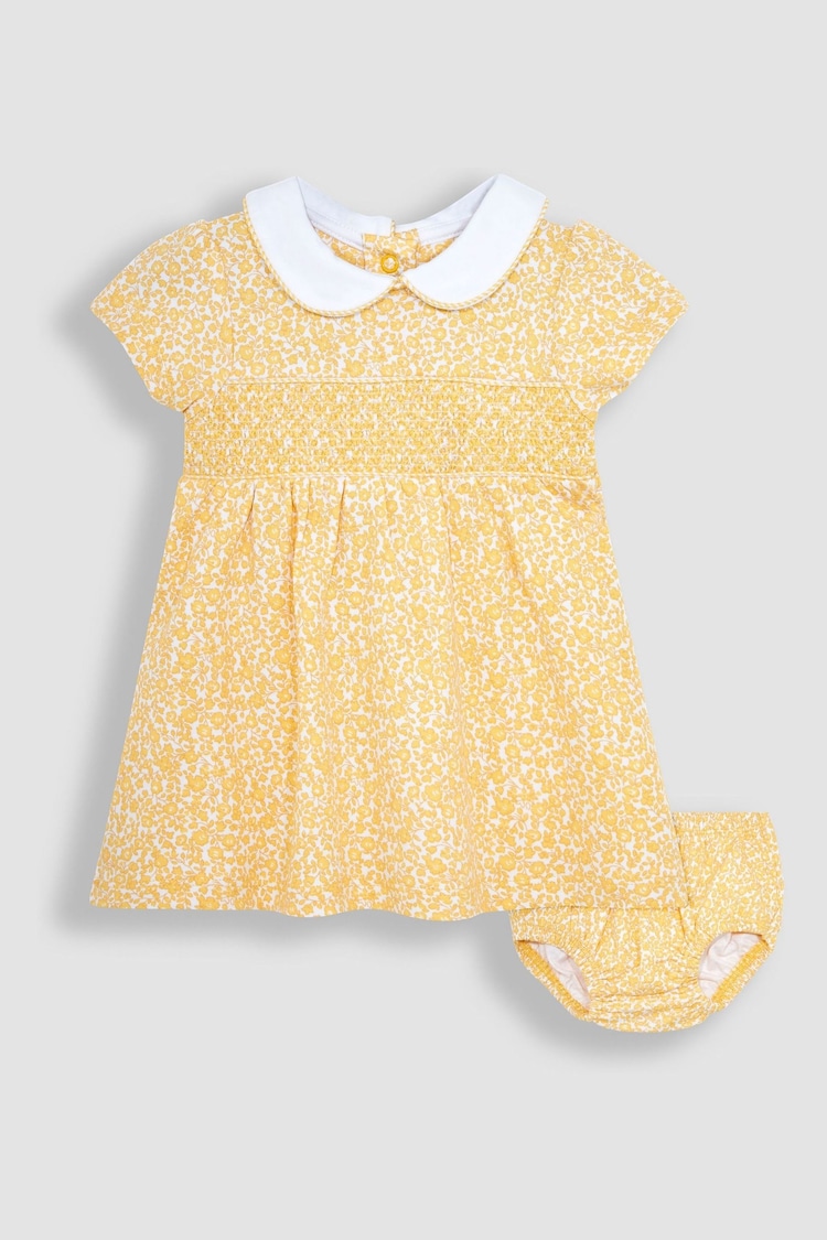 JoJo Maman Bébé Yellow Ditsy Floral Smocked Jersey Dress - Image 1 of 3