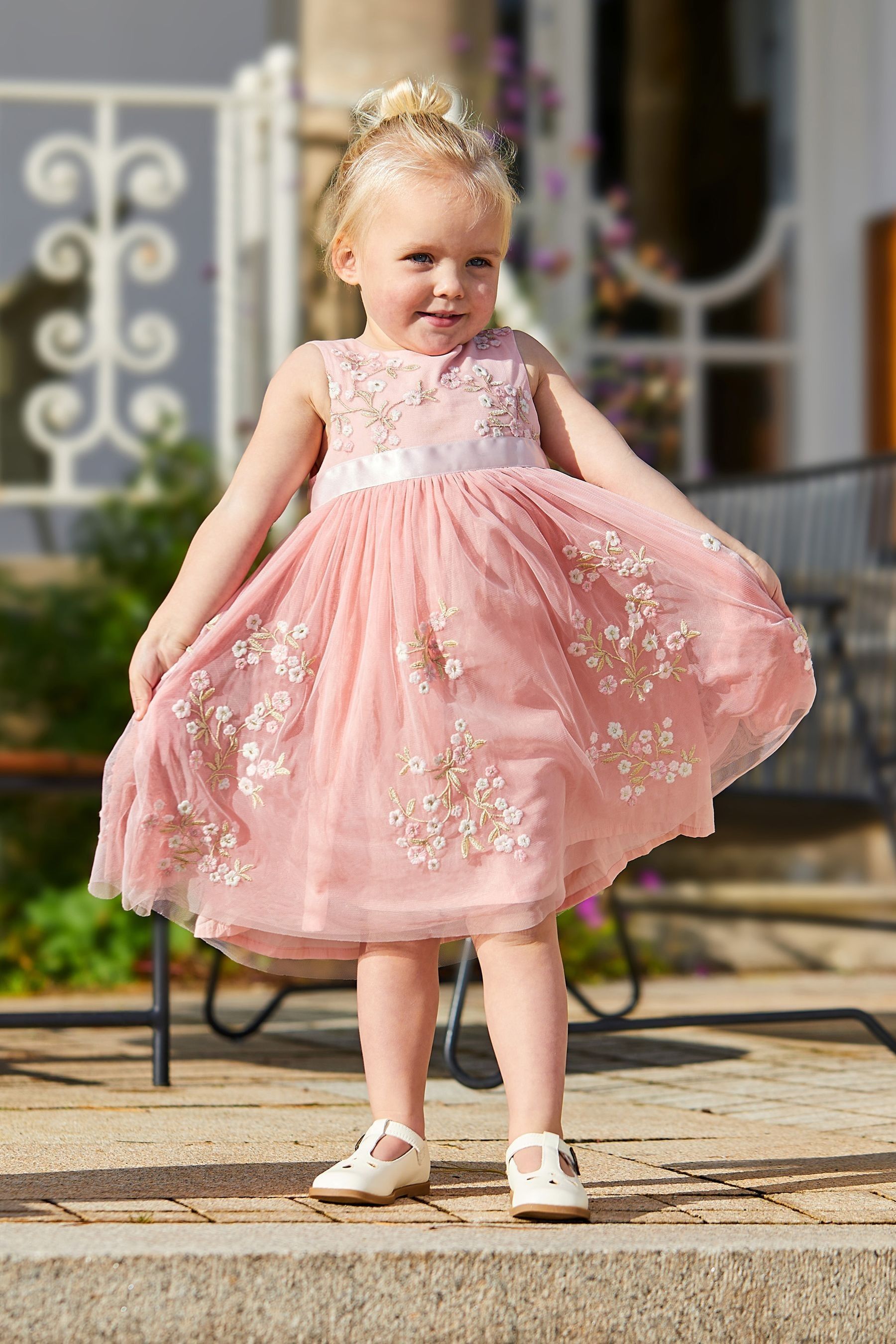 JoJo Maman Bebe Pink Flower Embroidered Tulle Party Dress