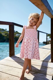 JoJo Maman Bébé Pink Peach & Cherry Cross Back Smocked Jersey Dress - Image 1 of 5