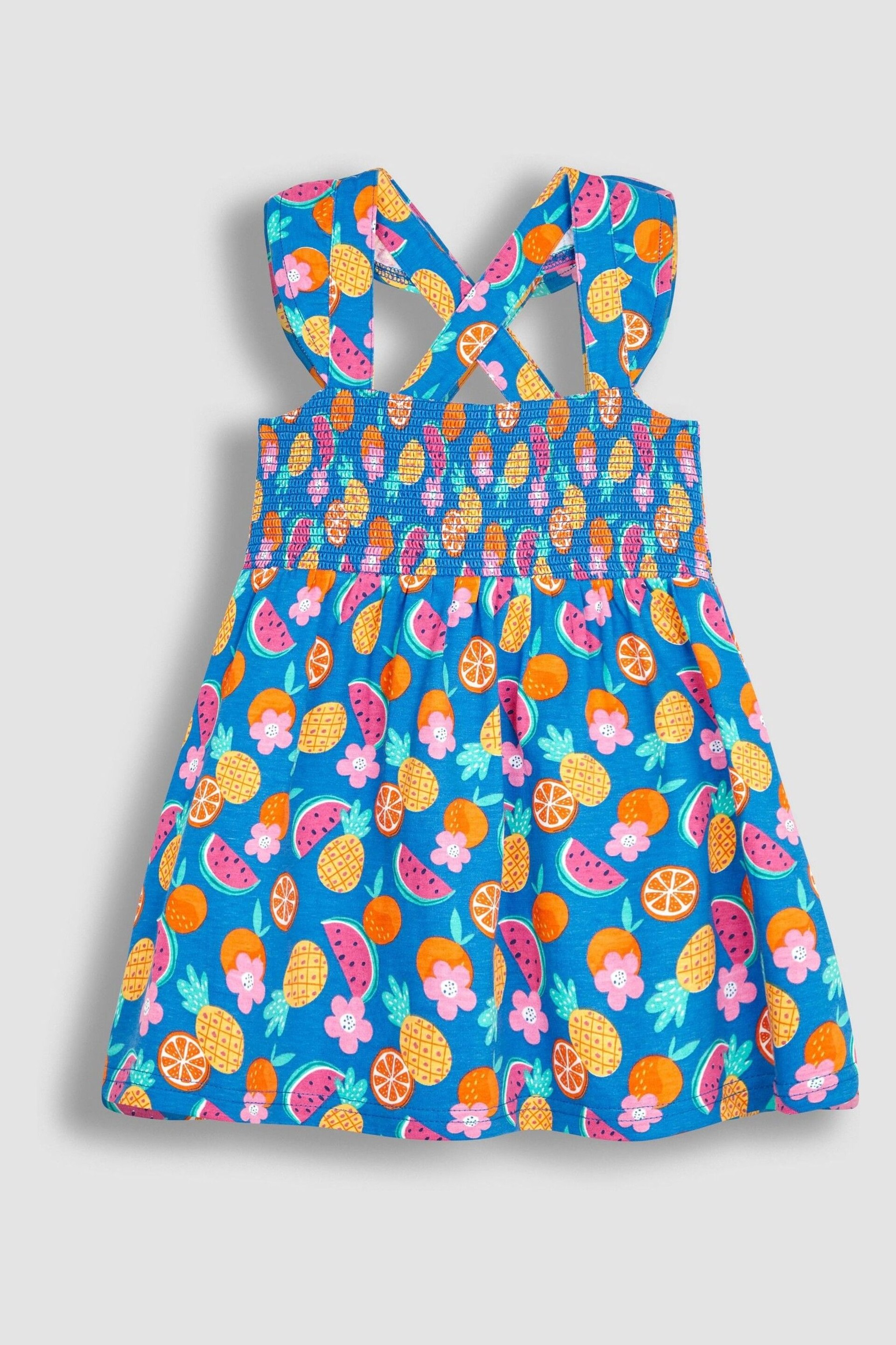 JoJo Maman Bébé Cobalt Blue Summer Fruits Cross Back Smocked Jersey Dress - Image 1 of 3