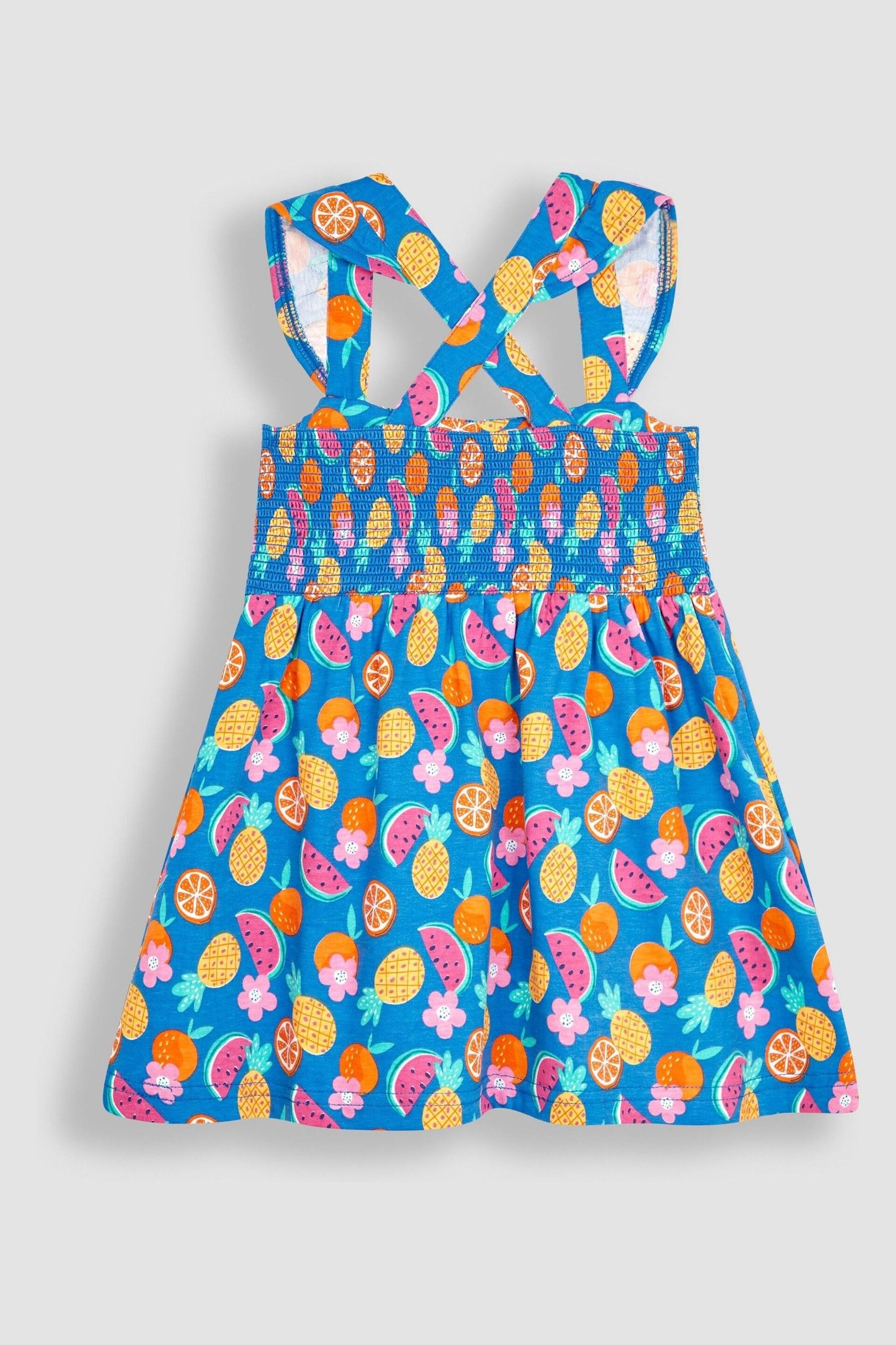 JoJo Maman Bébé Cobalt Blue Summer Fruits Cross Back Smocked Jersey Dress - Image 2 of 3