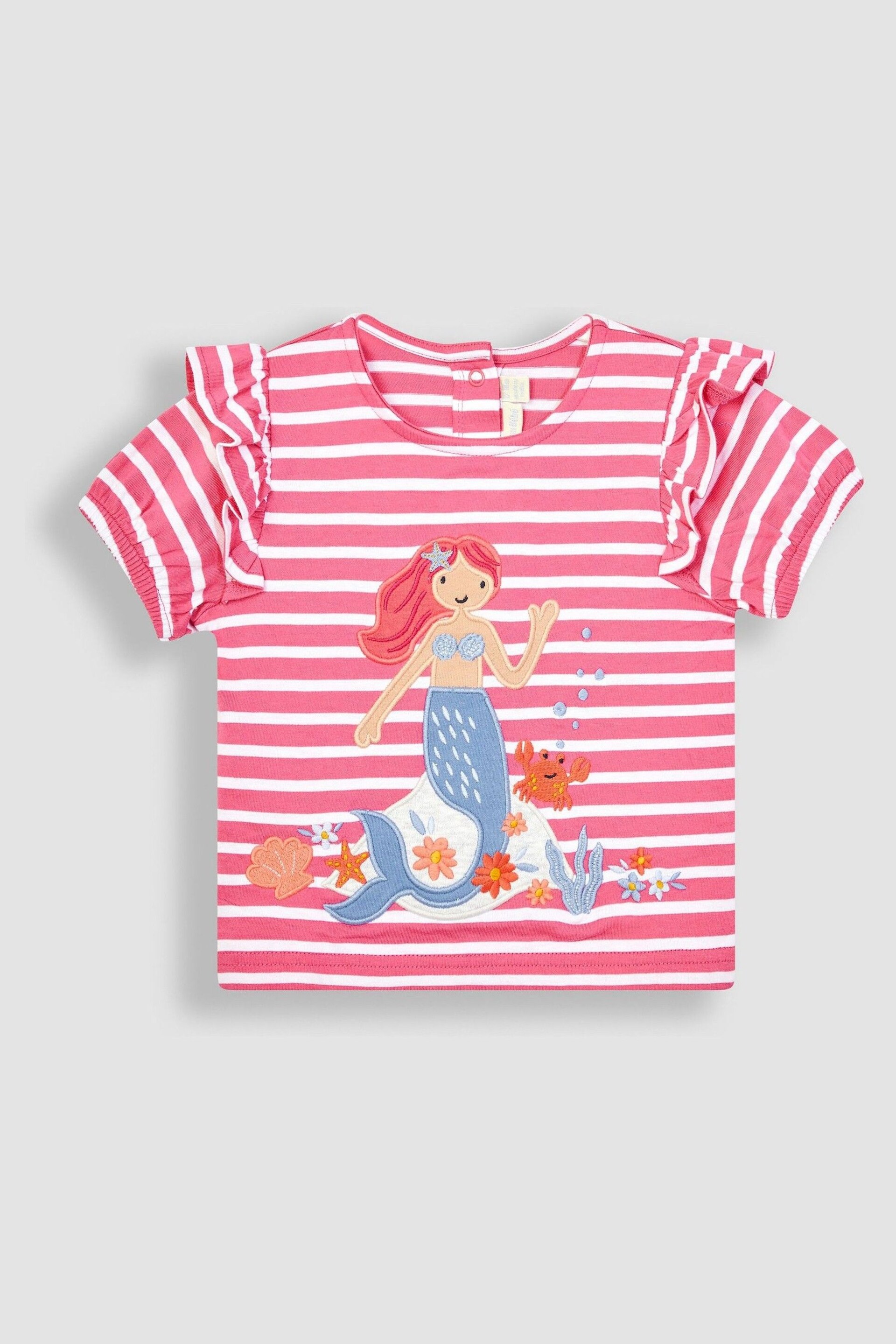 JoJo Maman Bébé Raspberry Pink Mermaid Appliqué Frill Sleeve T-Shirt - Image 1 of 3