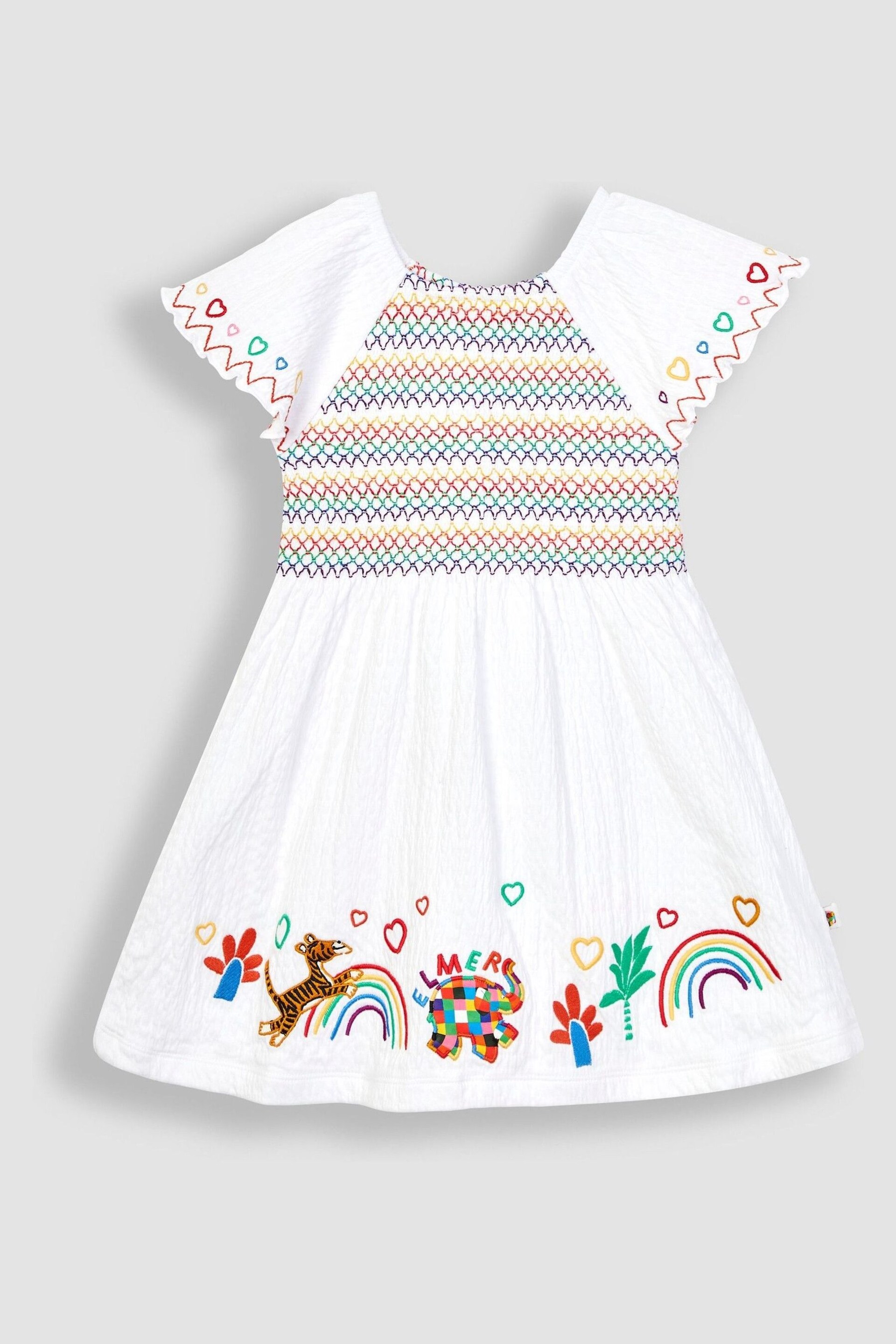 JoJo Maman Bébé White Elmer Appliqué Ruffle Sleeve Smocked Dress - Image 2 of 3