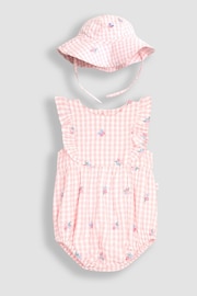 JoJo Maman Bébé Pink Floral Embroidered Gingham Bubble Romper - Image 1 of 5