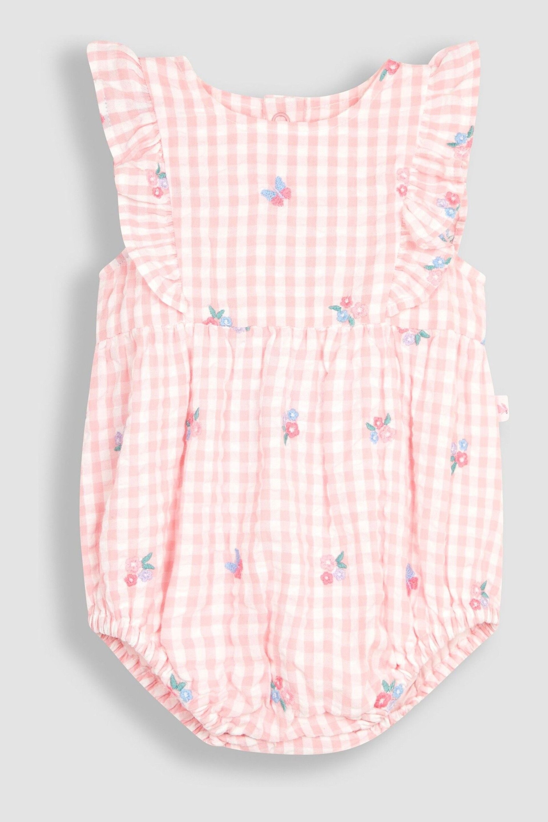 JoJo Maman Bébé Pink Floral Embroidered Gingham Bubble Romper - Image 2 of 5