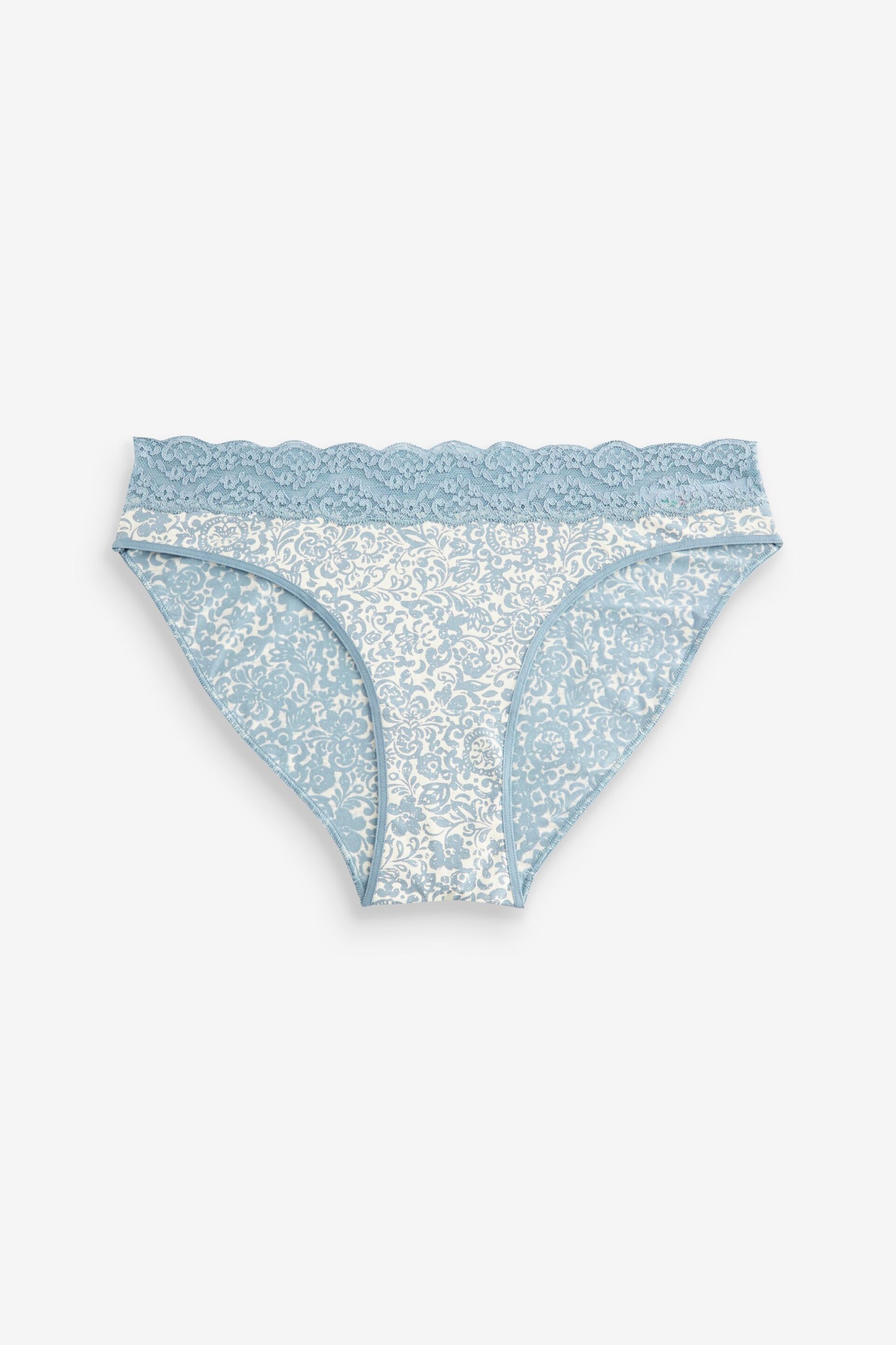 Cream/Blue Printed High Leg Cotton and Lace Knickers 4 Pack - Image 5 of 9