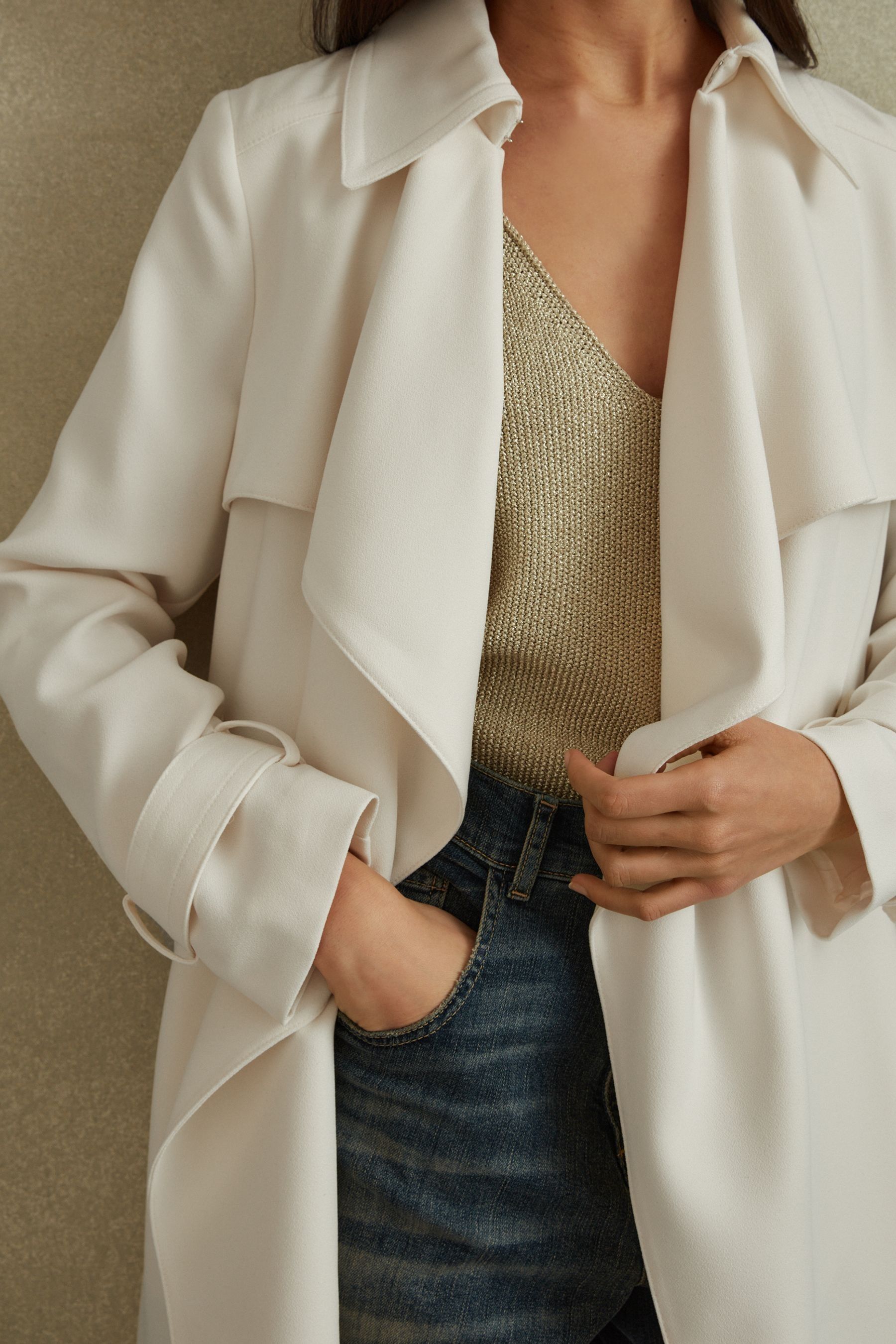 Reiss White Etta Double Breasted Belted Trench Coat