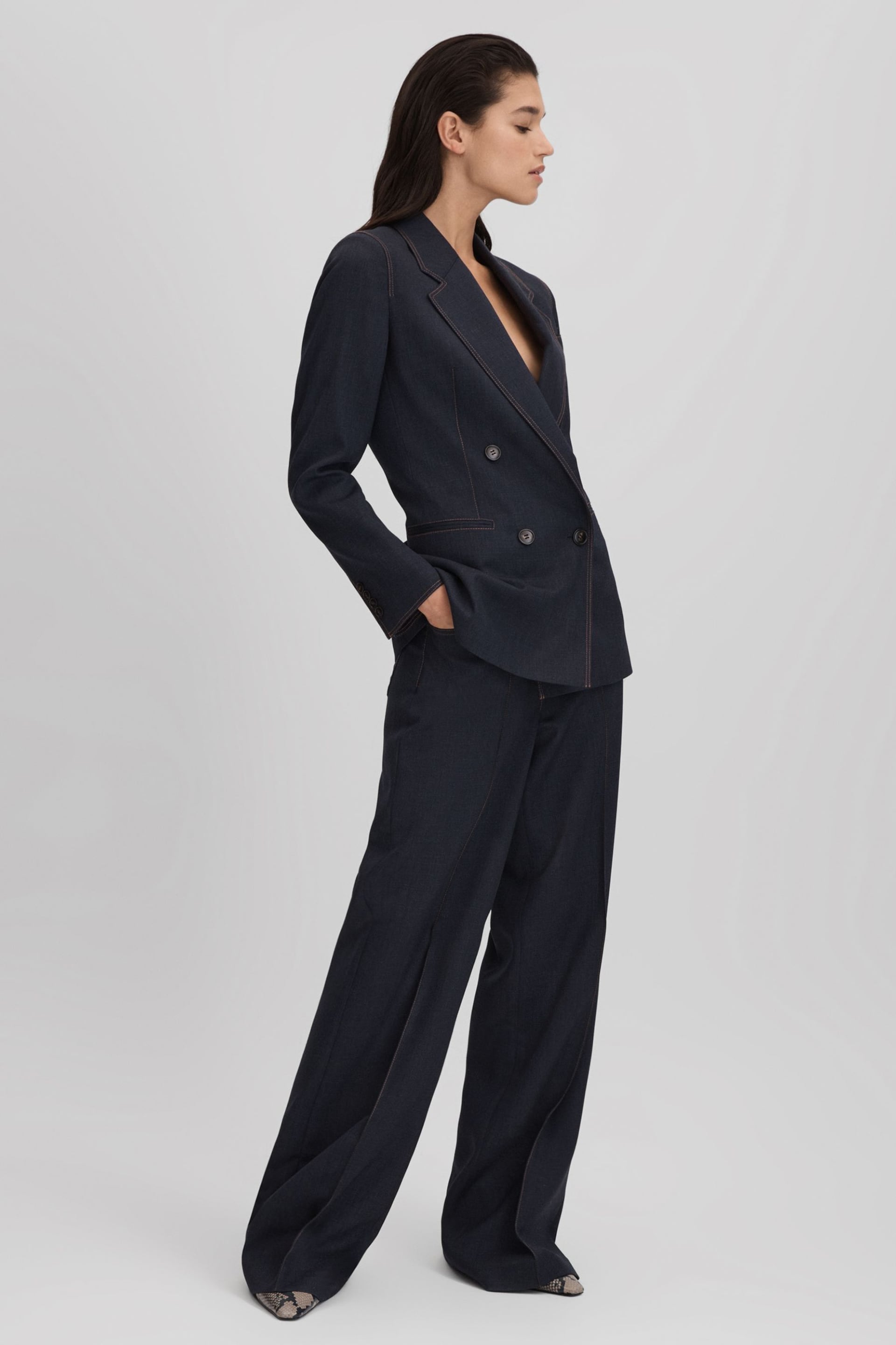 Reiss Navy Raven Wool Blend Denim Look Suit Trousers - Image 6 of 7