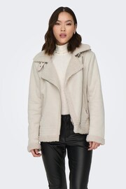 ONLY Cream Faux Suede Aviator Jacket With Teddy Borg Lining - Image 1 of 8