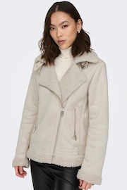 ONLY Cream Faux Suede Aviator Jacket With Teddy Borg Lining - Image 5 of 8