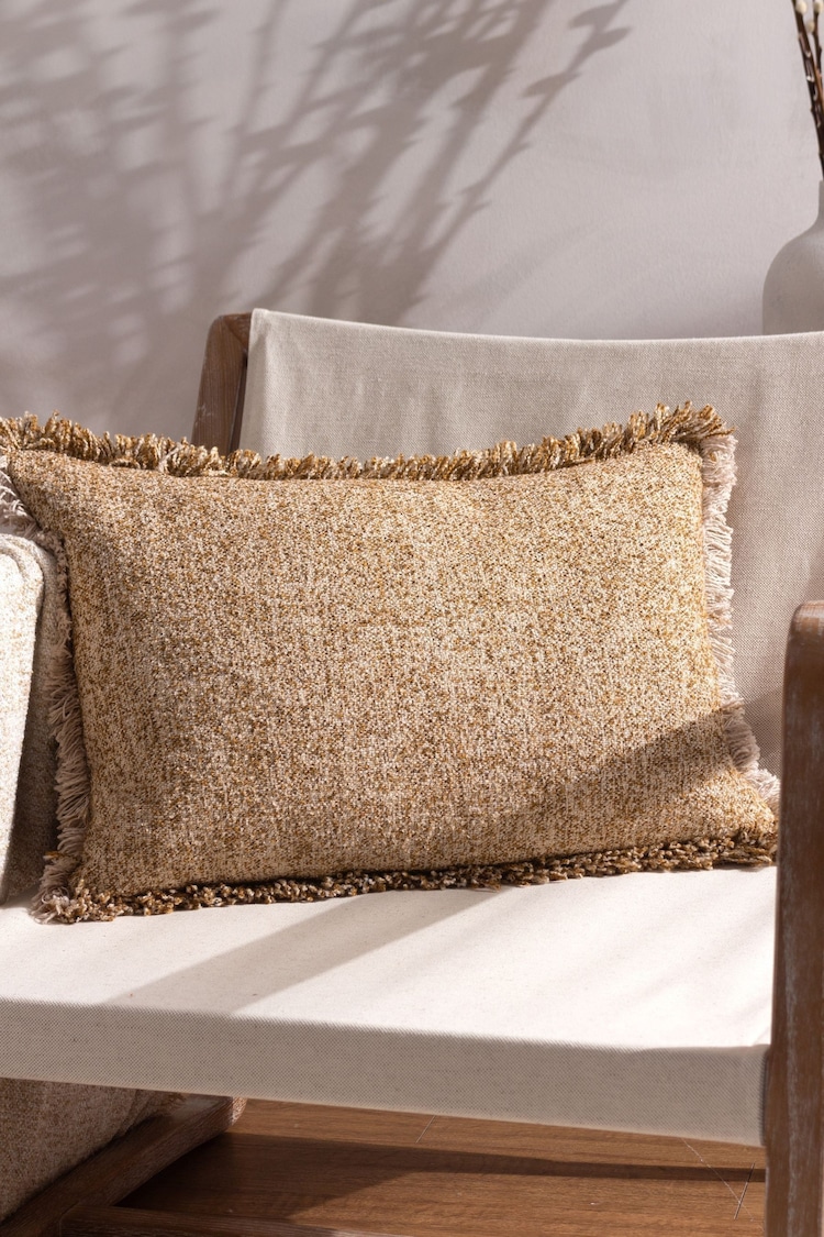 Yard Biscuit Brown Doze Woven Fringed Polyester Filled Cushion - Image 1 of 6