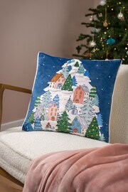 Furn Blue Snowy Village Tree Boucle Polyester Filled Cushion - Image 1 of 5